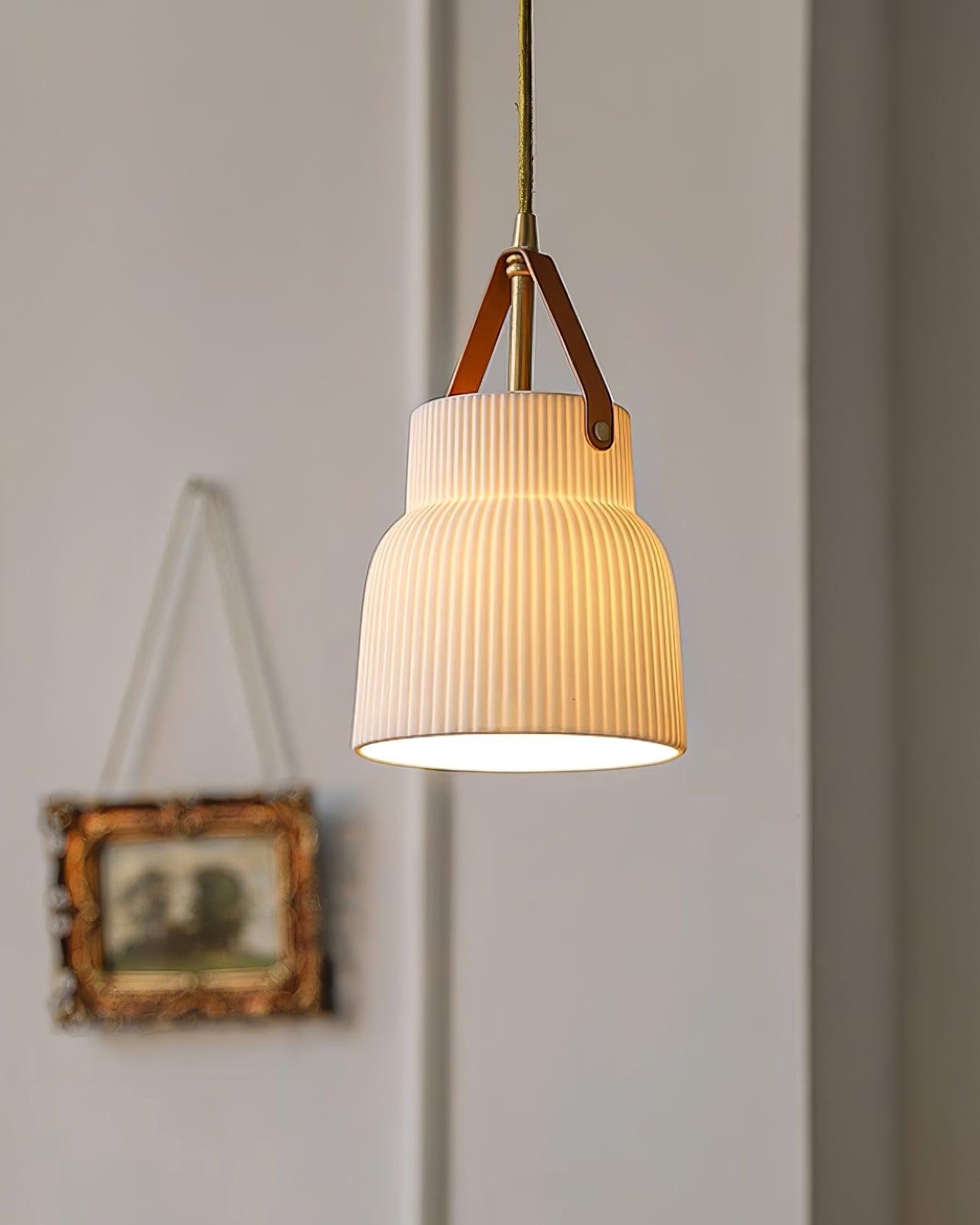 Pendant Lamp Ceramic Ribbed Shade Brass Leather Strap Modern - Letslighting