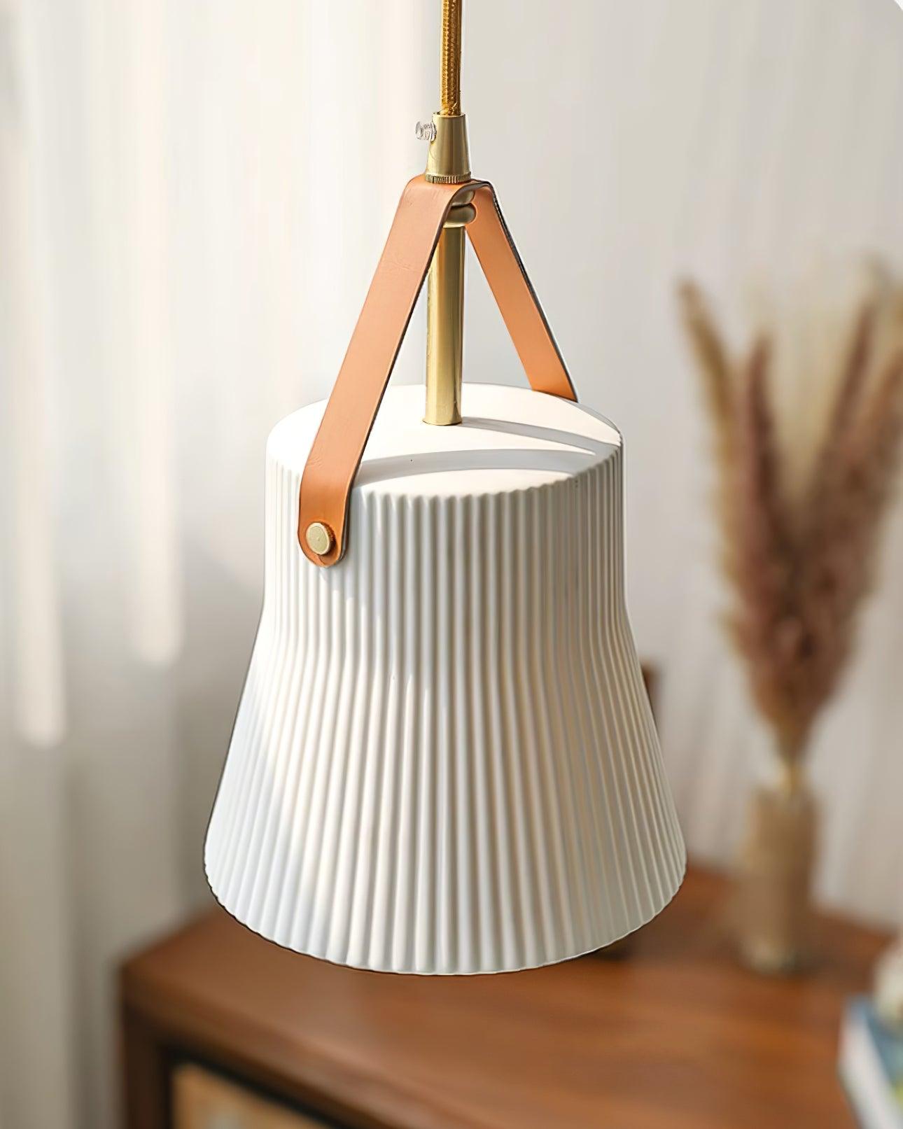 Pendant Lamp Ceramic Ribbed Shade Brass Leather Strap Modern - Letslighting