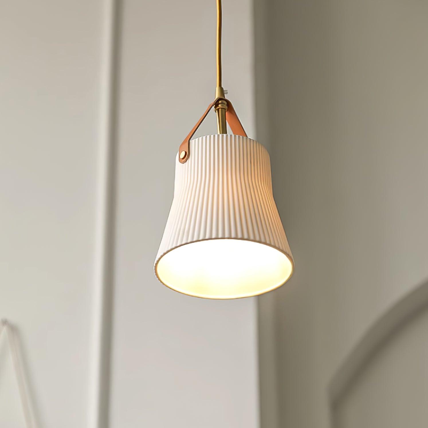 Pendant Lamp Ceramic Ribbed Shade Brass Leather Strap Modern - Letslighting