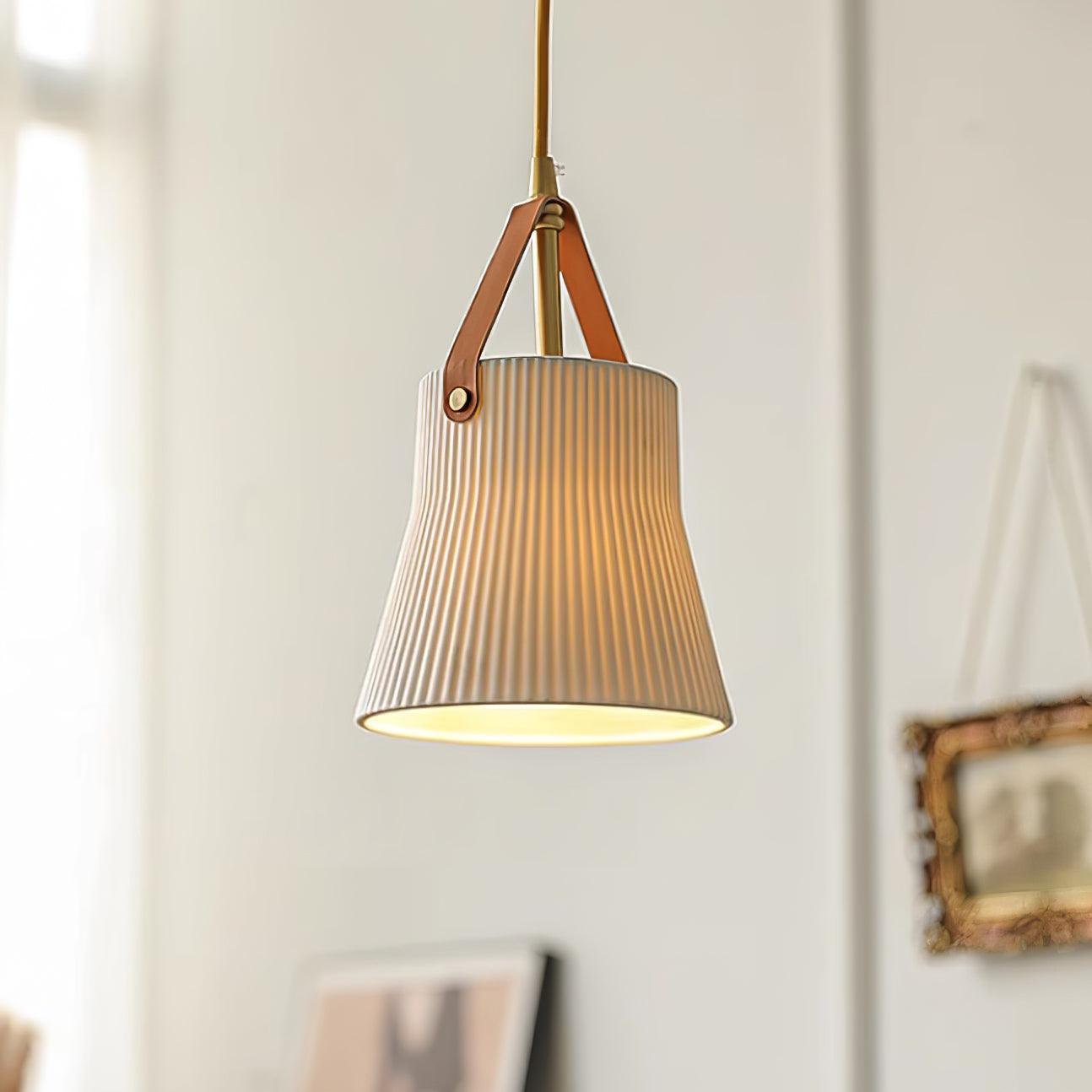 Pendant Lamp Ceramic Ribbed Shade Brass Leather Strap Modern - Letslighting