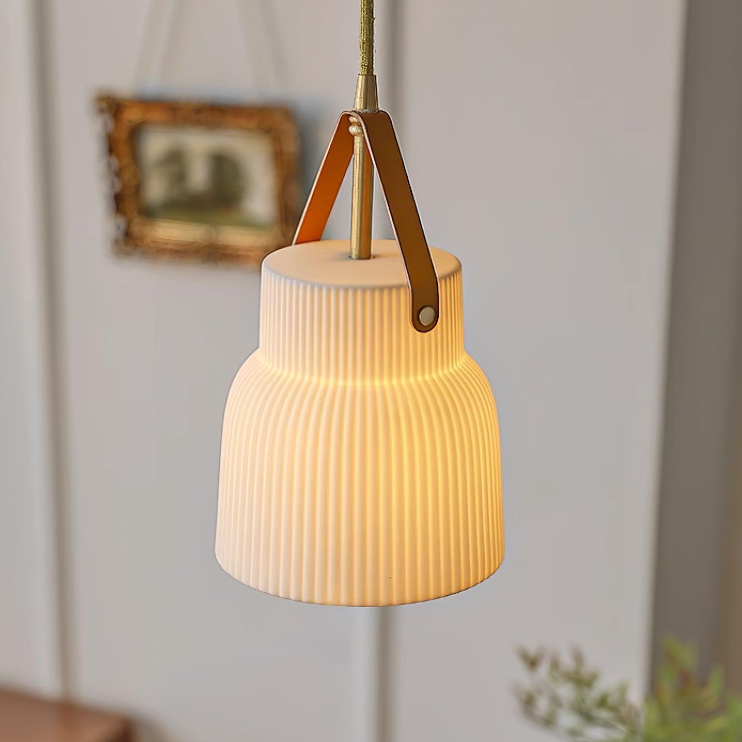 Pendant Lamp Ceramic Ribbed Shade Brass Leather Strap Modern - Letslighting
