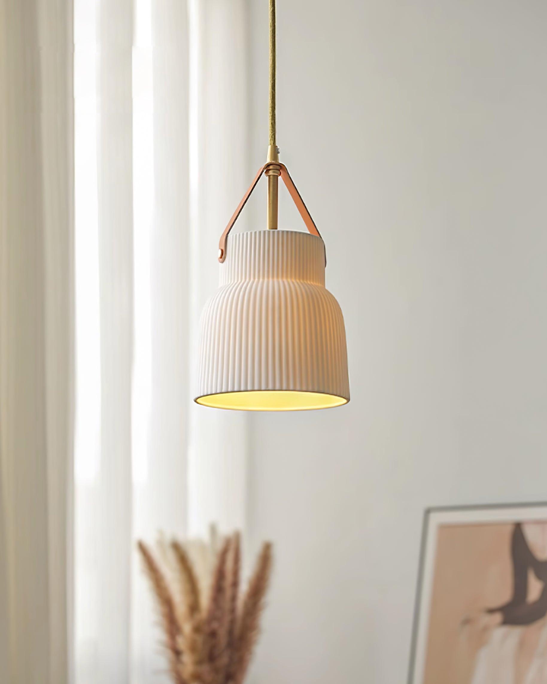 Pendant Lamp Ceramic Ribbed Shade Brass Leather Strap Modern - Letslighting
