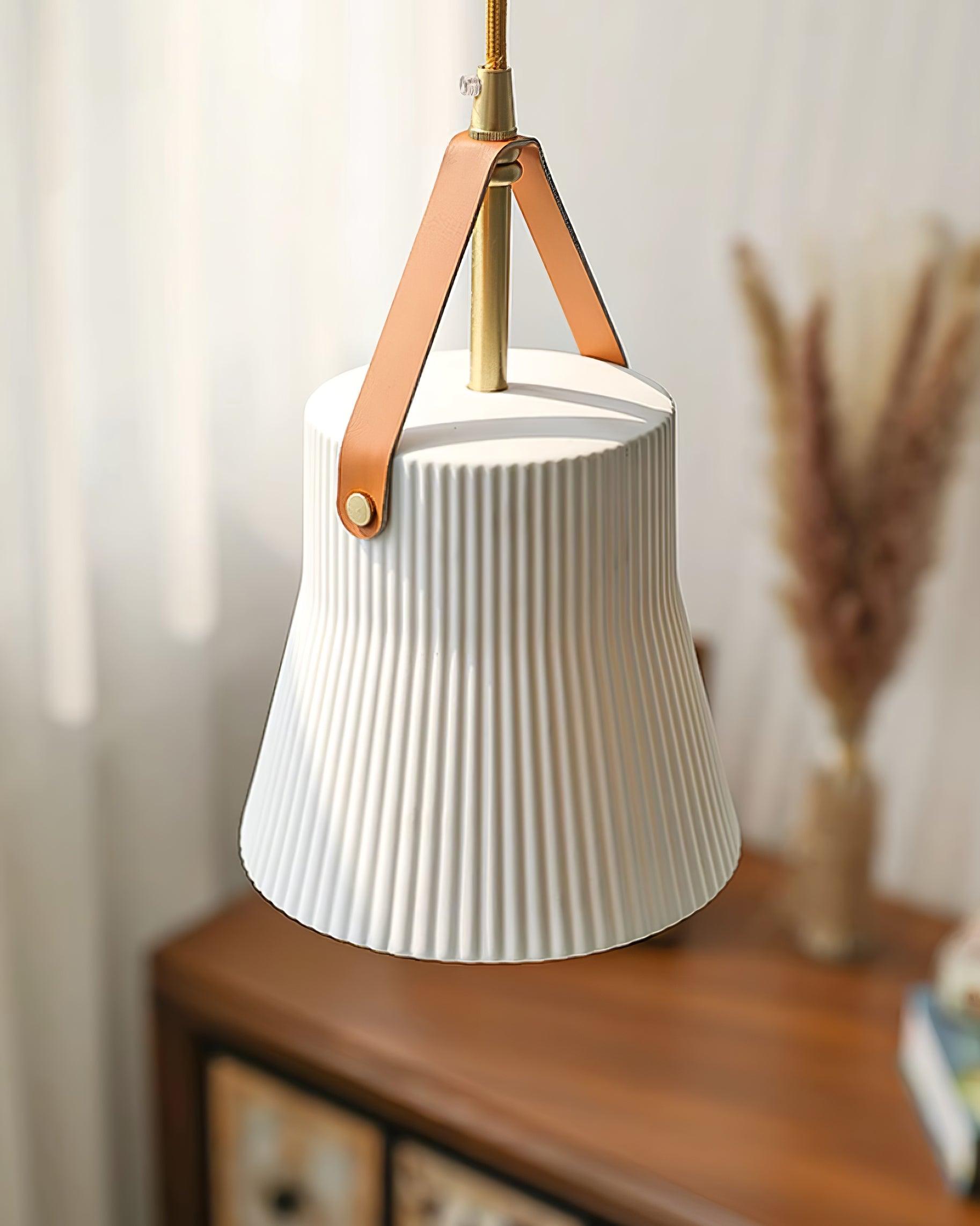 Pendant Lamp Ceramic Ribbed Shade Brass Leather Strap Modern - Letslighting