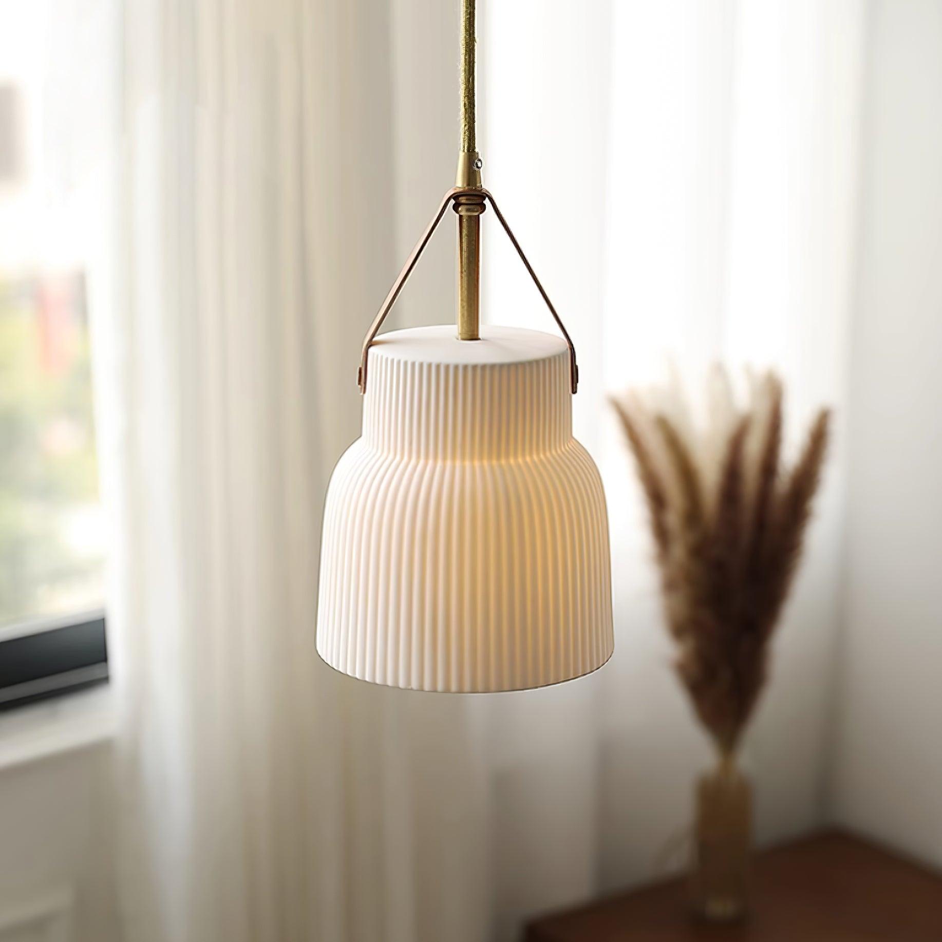 Pendant Lamp Ceramic Ribbed Shade Brass Leather Strap Modern - Letslighting