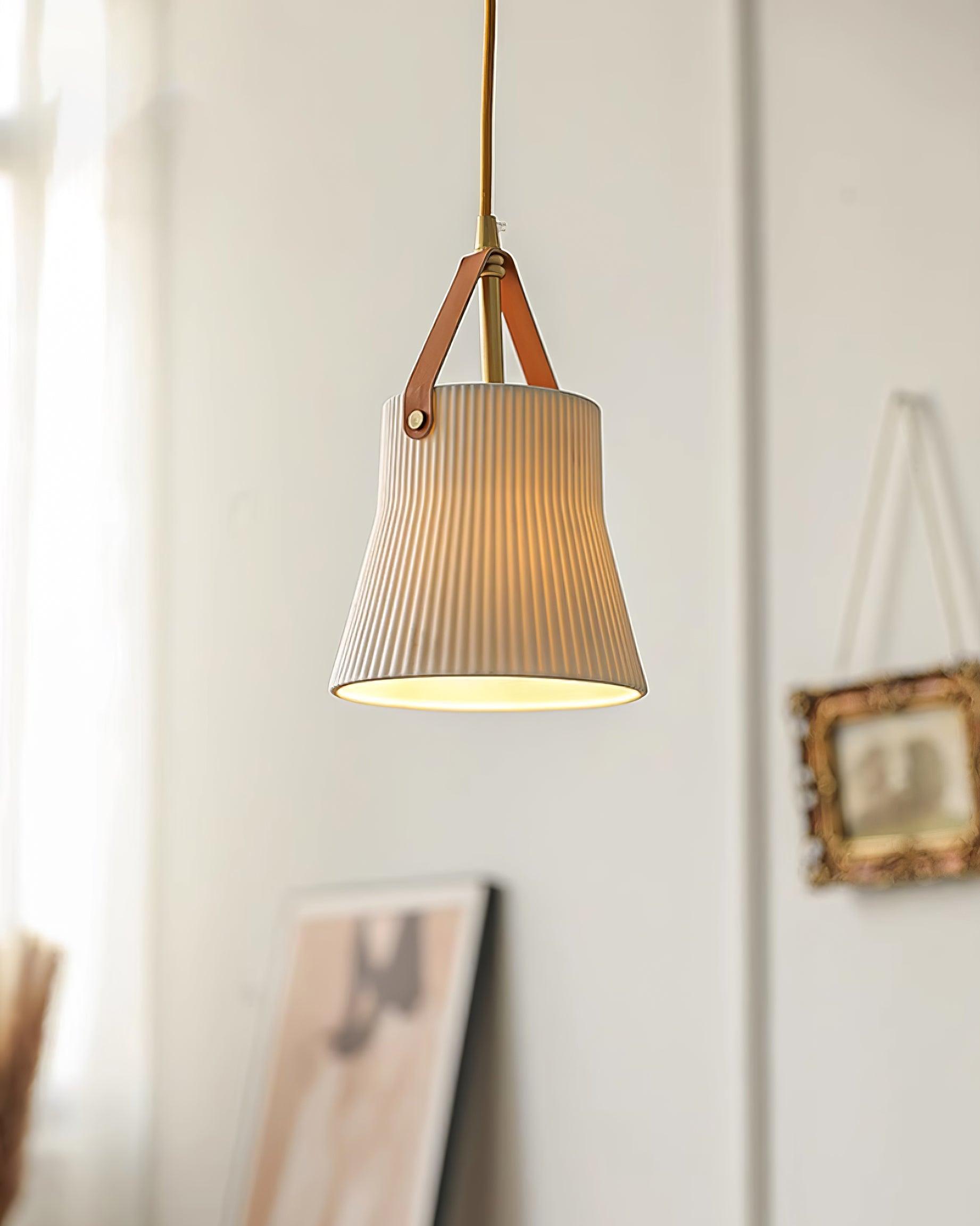 Pendant Lamp Ceramic Ribbed Shade Brass Leather Strap Modern - Letslighting