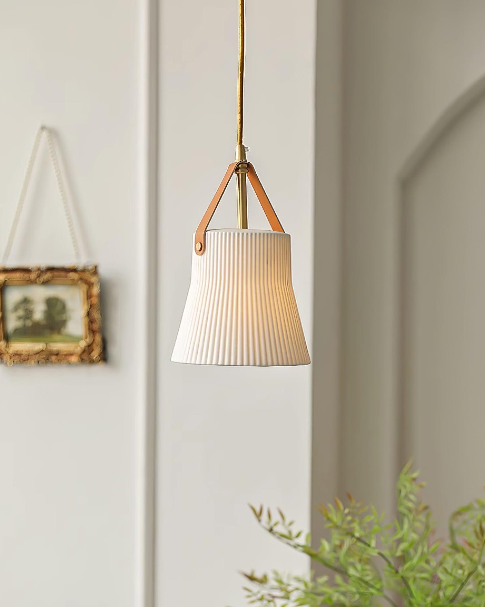 Pendant Lamp Ceramic Ribbed Shade Brass Leather Strap Modern - Letslighting