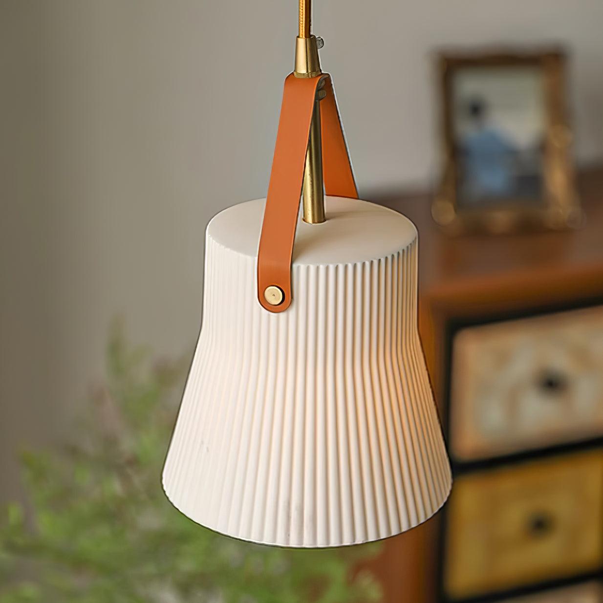 Pendant Lamp Ceramic Ribbed Shade Brass Leather Strap Modern - Letslighting