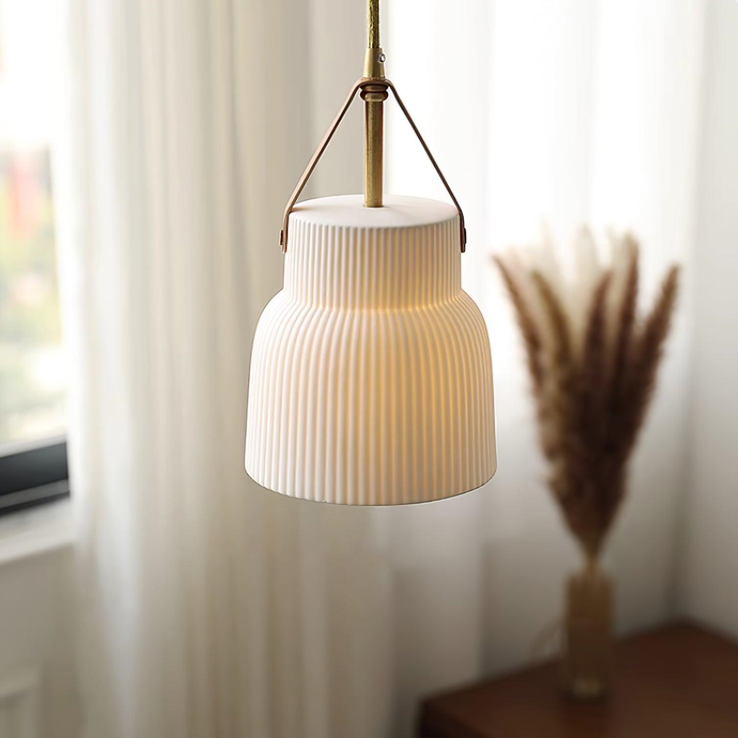 Pendant Lamp Ceramic Ribbed Shade Brass Leather Strap Modern - Letslighting