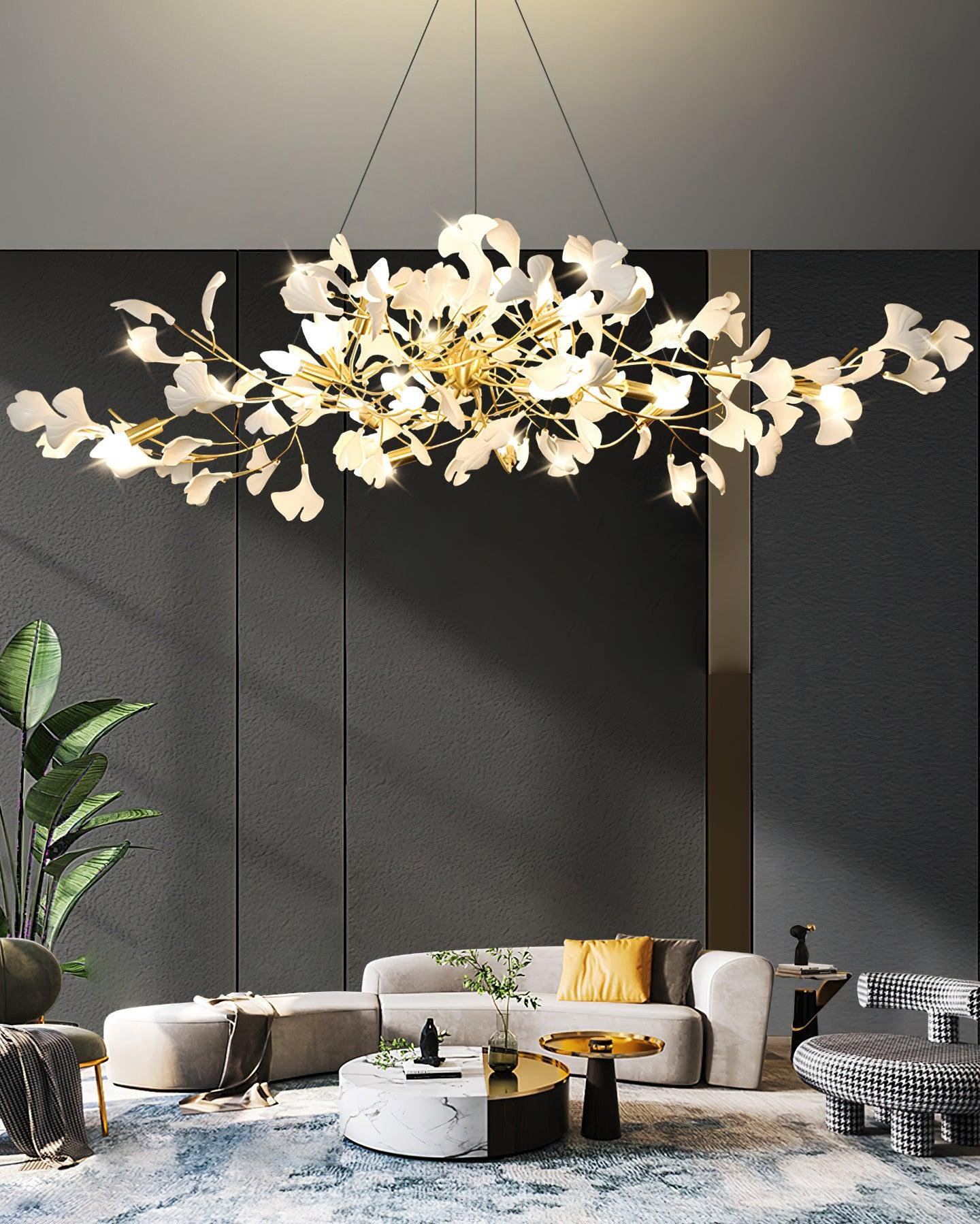 Olivia Ceramic Gingko Linear-Wave Chandelier White Leaf - Letslighting