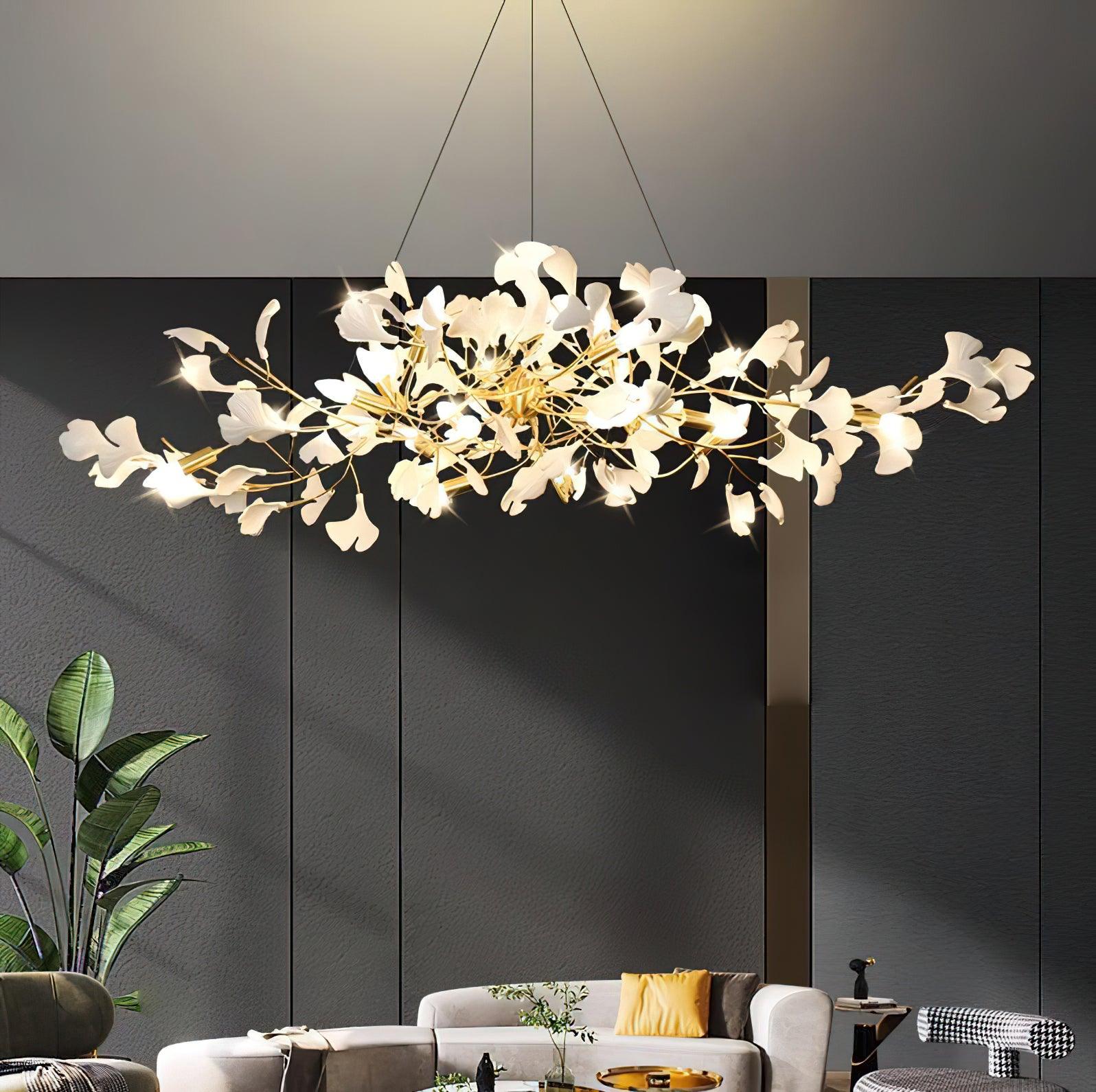 Olivia Ceramic Gingko Linear-Wave Chandelier White Leaf - Letslighting