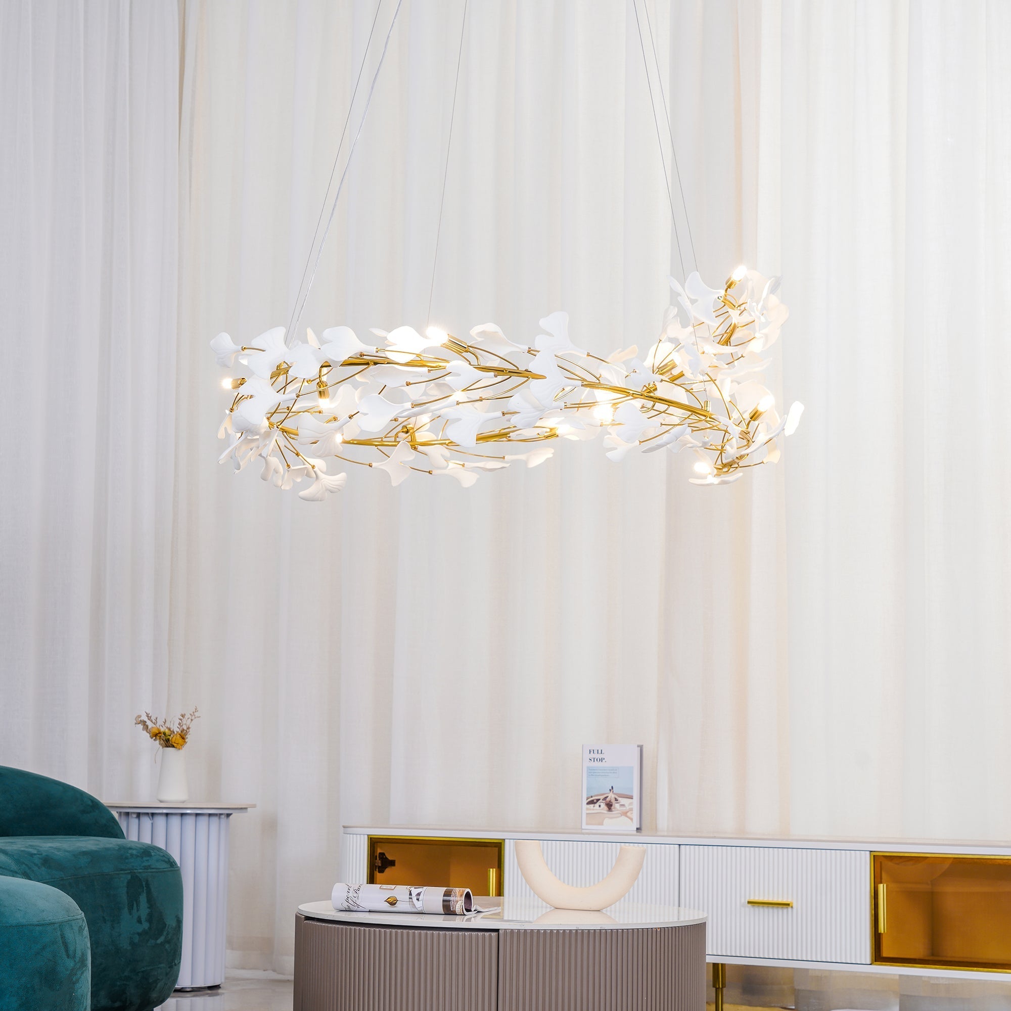 Lustra Pendant Lamp Gingko Porcelain Leaves Gold - Letslighting