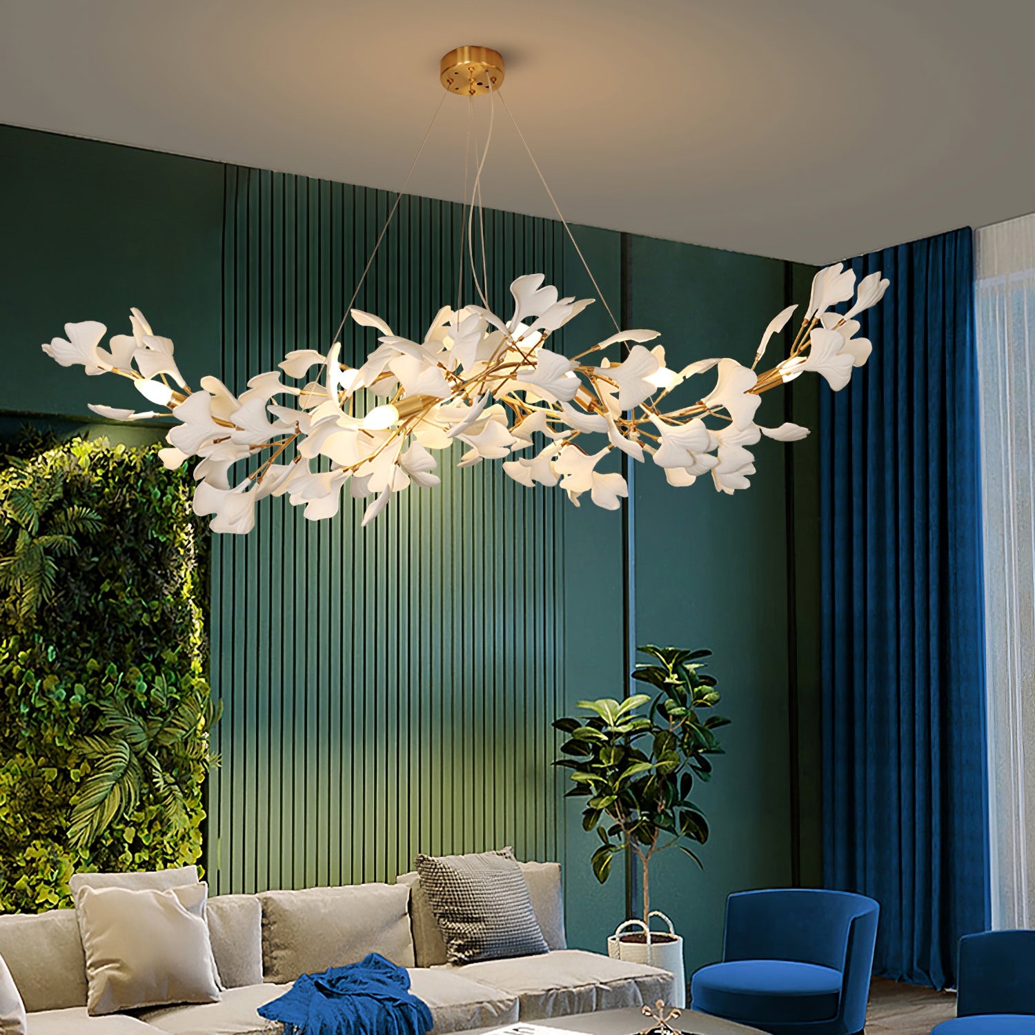 Gingko Chandelier Long Version Porcelain Nature Inspired - Letslighting