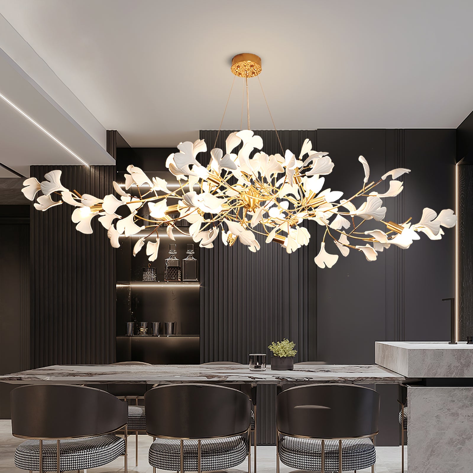 Gingko Chandelier Long Version Porcelain Nature Inspired - Letslighting