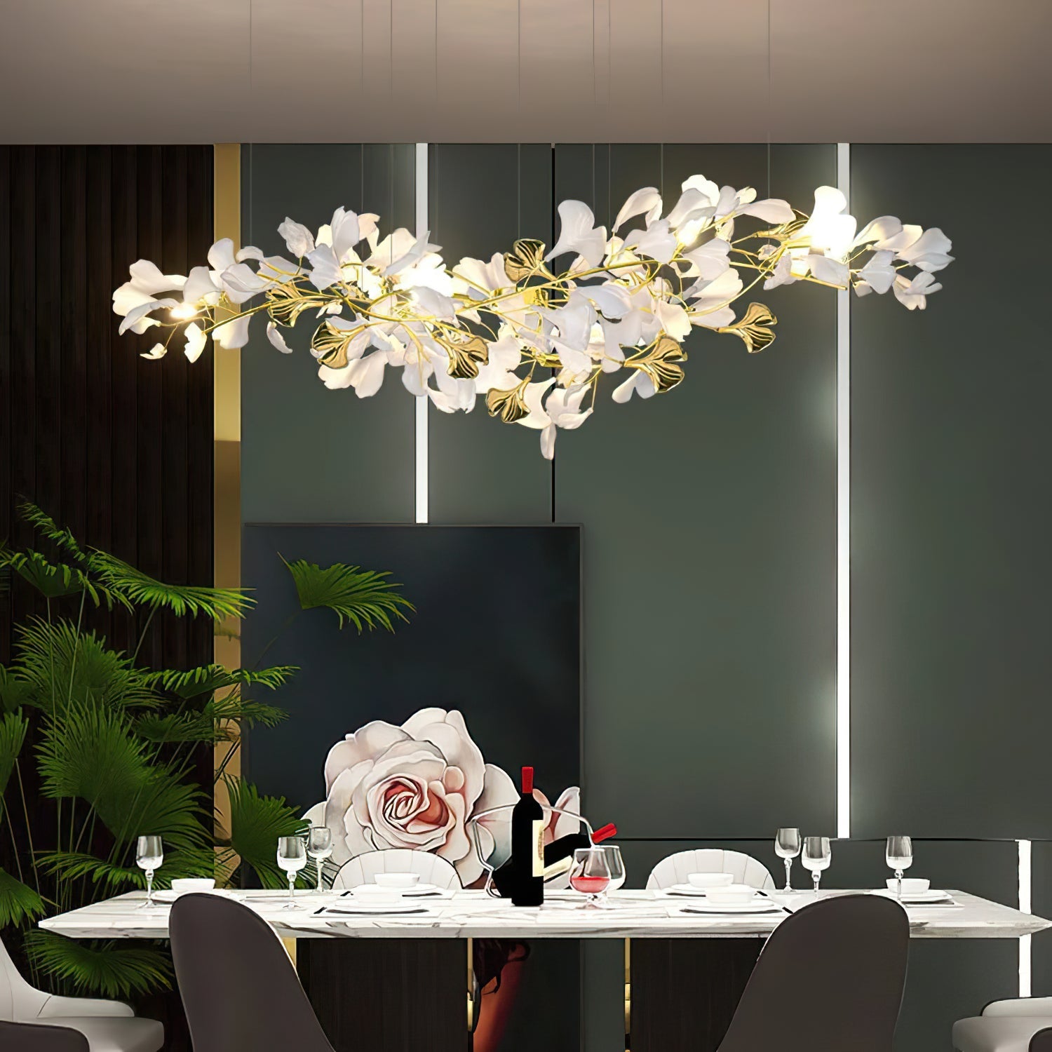 Gingko Chandelier Long Version Porcelain Nature Inspired - Letslighting
