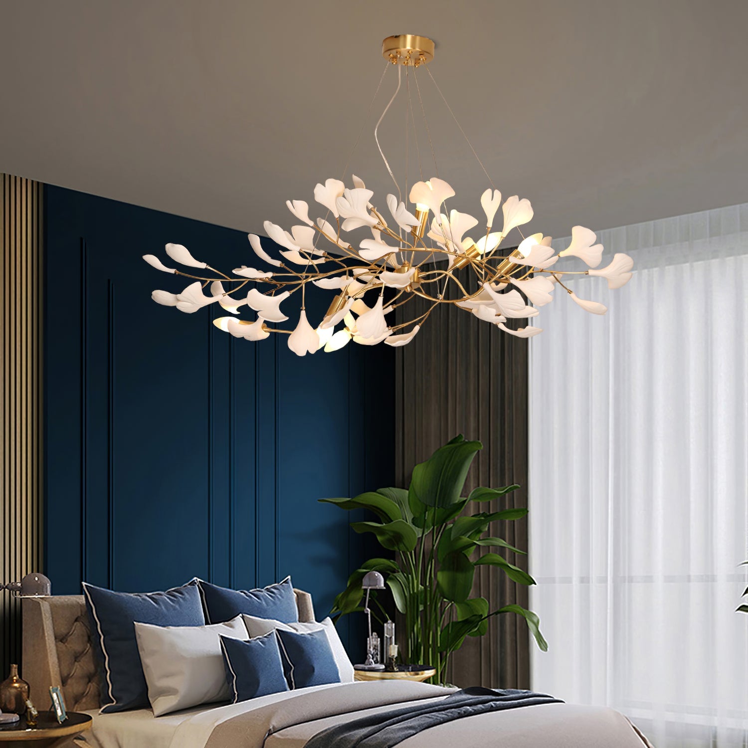 Gingko Chandelier Long Version Porcelain Leaf Branch Organic - Letslighting