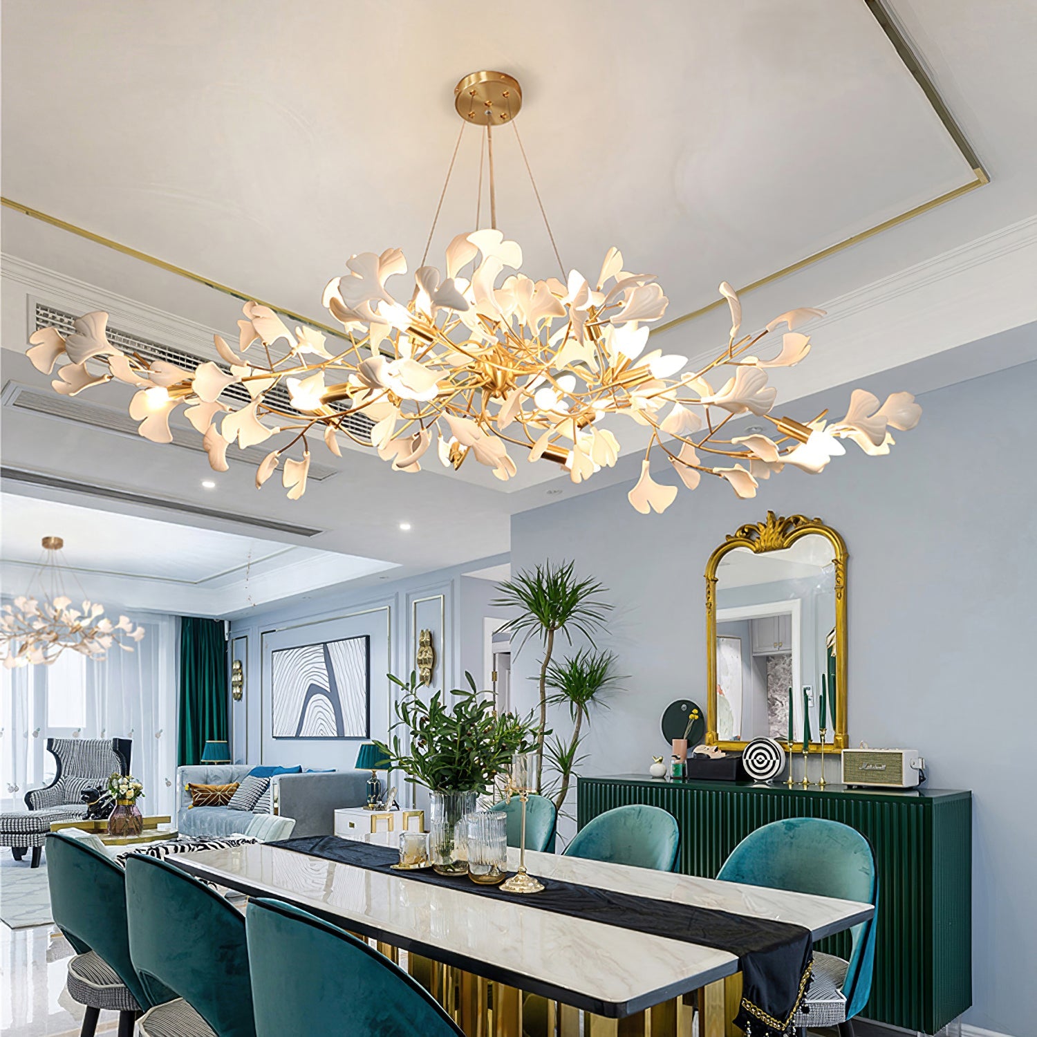 Gingko Chandelier Long Version Porcelain Leaf Branch Organic - Letslighting