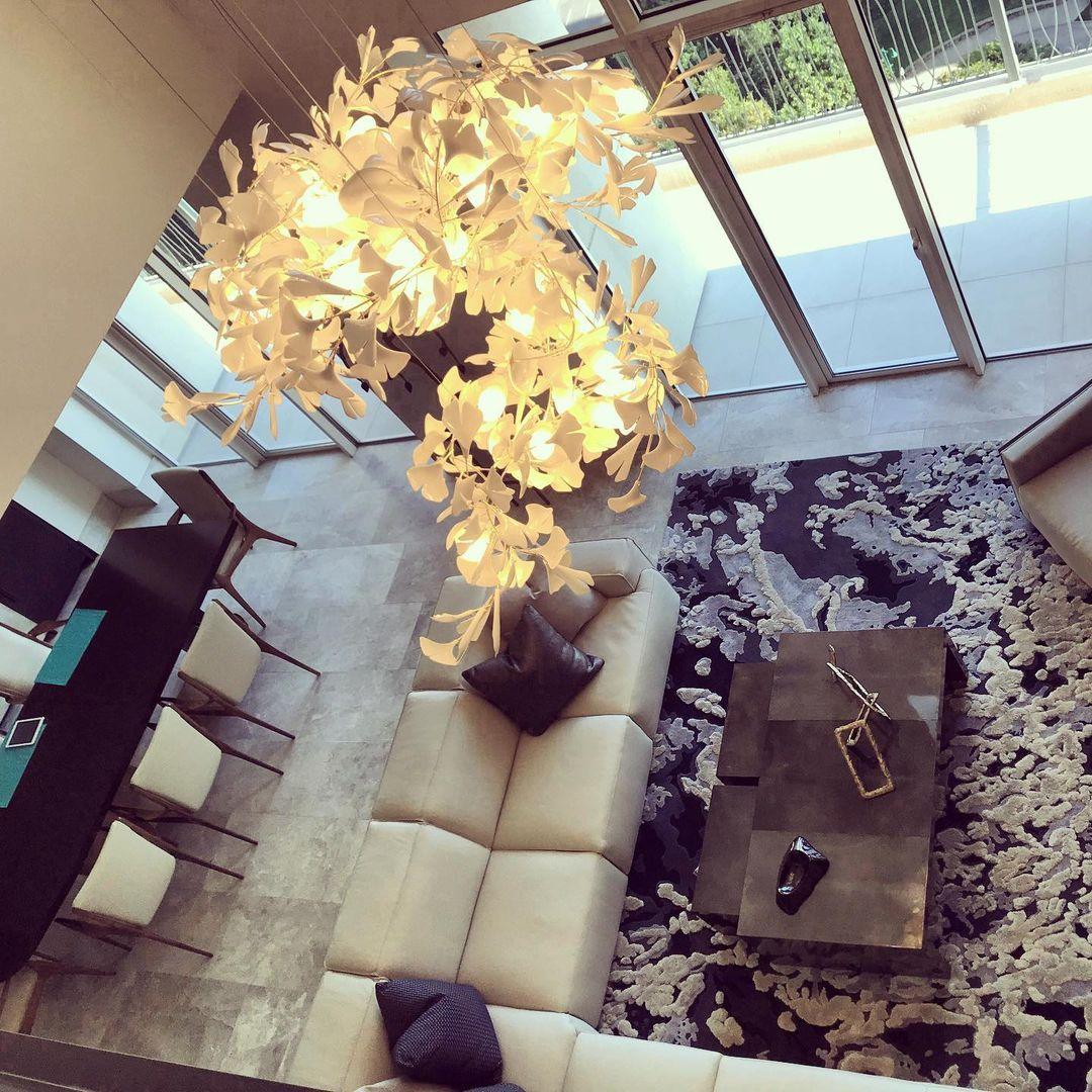 Chandelier White Ceramic Ginkgo Petals Gold Organic Art Nouveau - Letslighting
