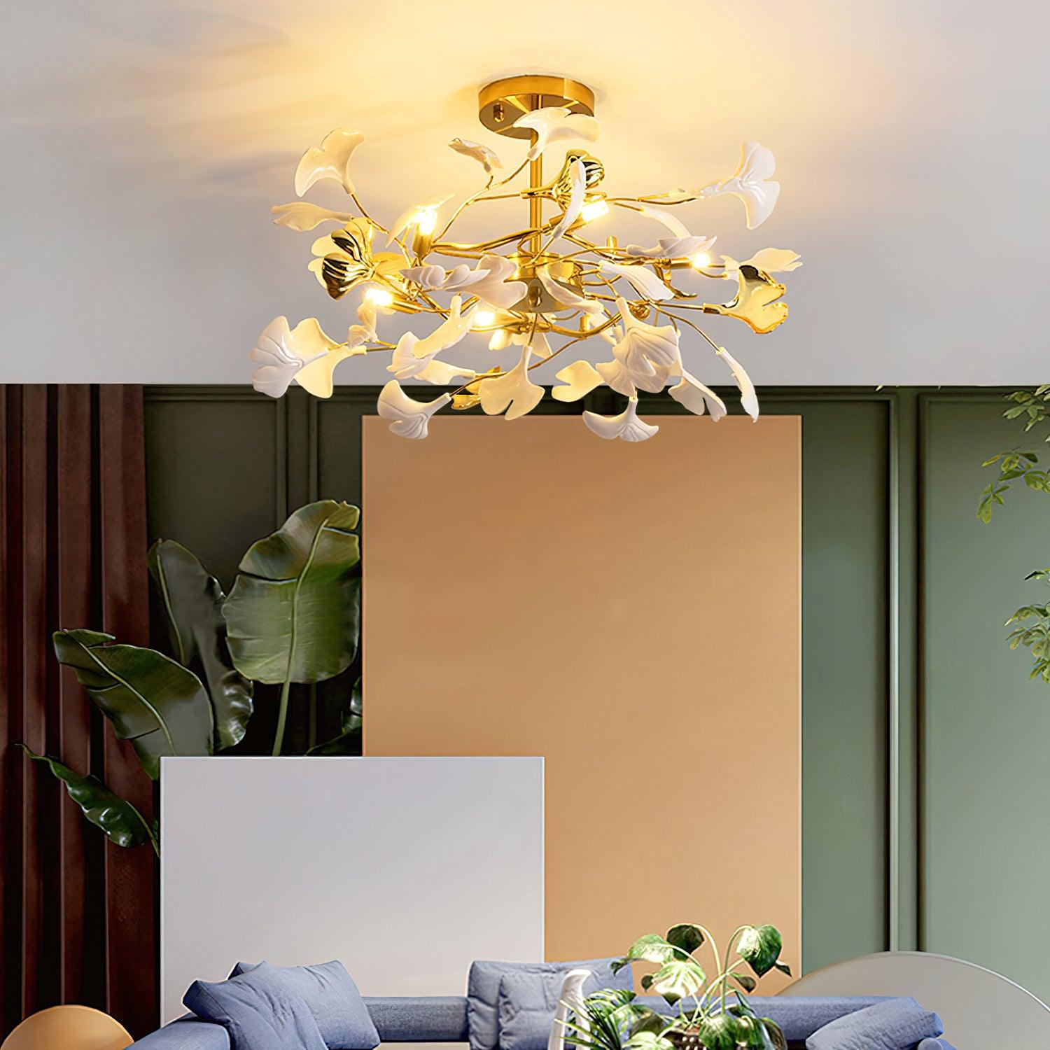 Olivia Ceramic Gingko Leaf Ceiling Light Gold and White Leaves - Letslighting