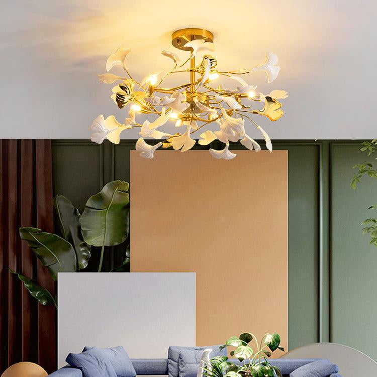 Olivia Ceramic Gingko Leaf Ceiling Light Gold and White Leaves - Letslighting