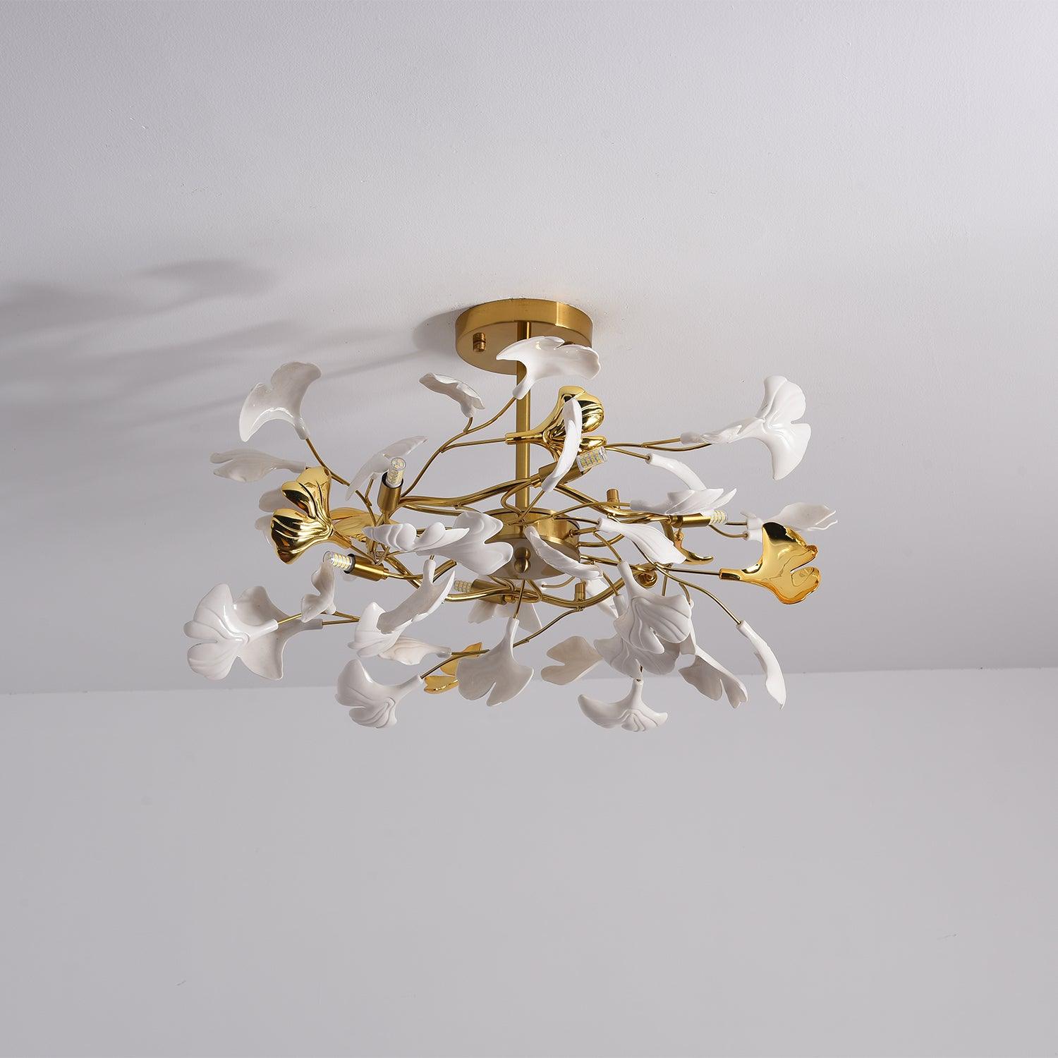 Olivia Ceramic Gingko Leaf Ceiling Light Gold and White Leaves - Letslighting