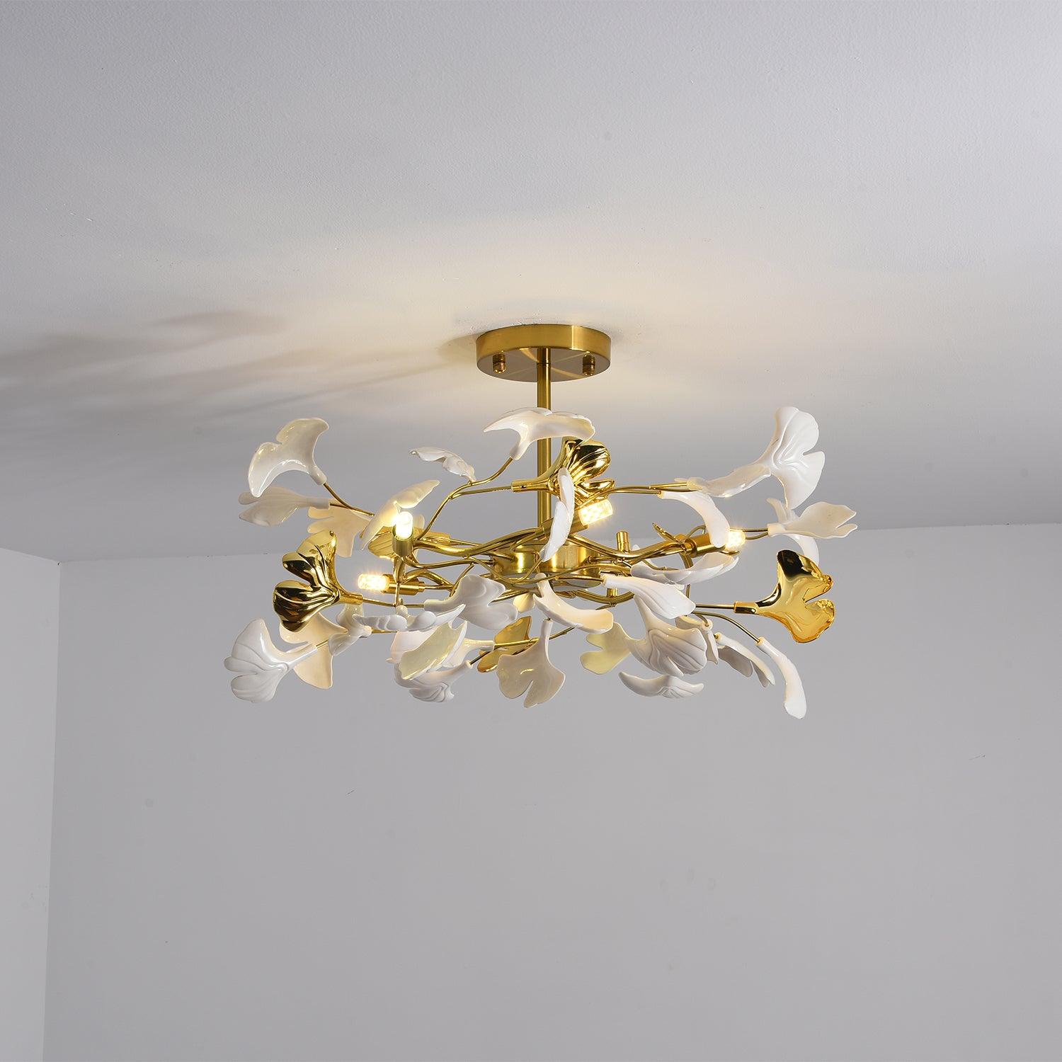 Olivia Ceramic Gingko Leaf Ceiling Light Gold and White Leaves - Letslighting