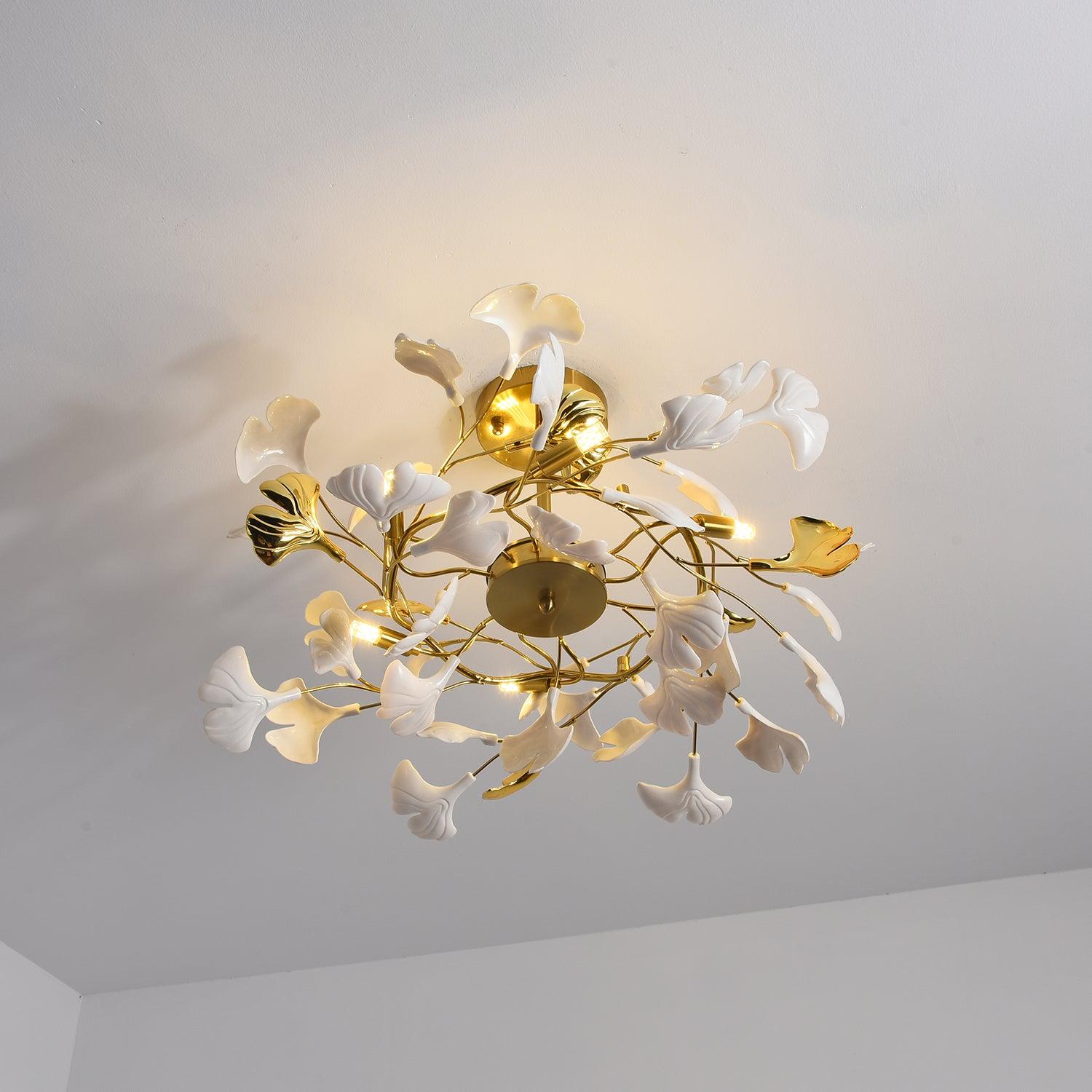 Olivia Ceramic Gingko Leaf Ceiling Light Gold and White Leaves - Letslighting