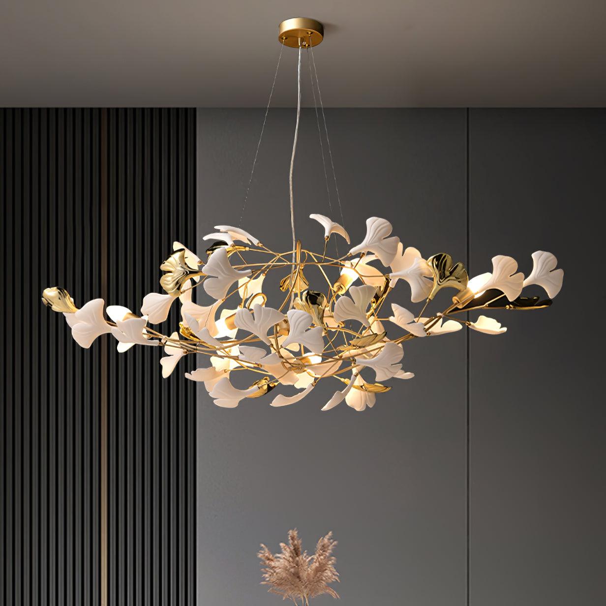 Olivia Ceramic Gingko Chandelier Gold& Black Leaf Smile-Style - Letslighting