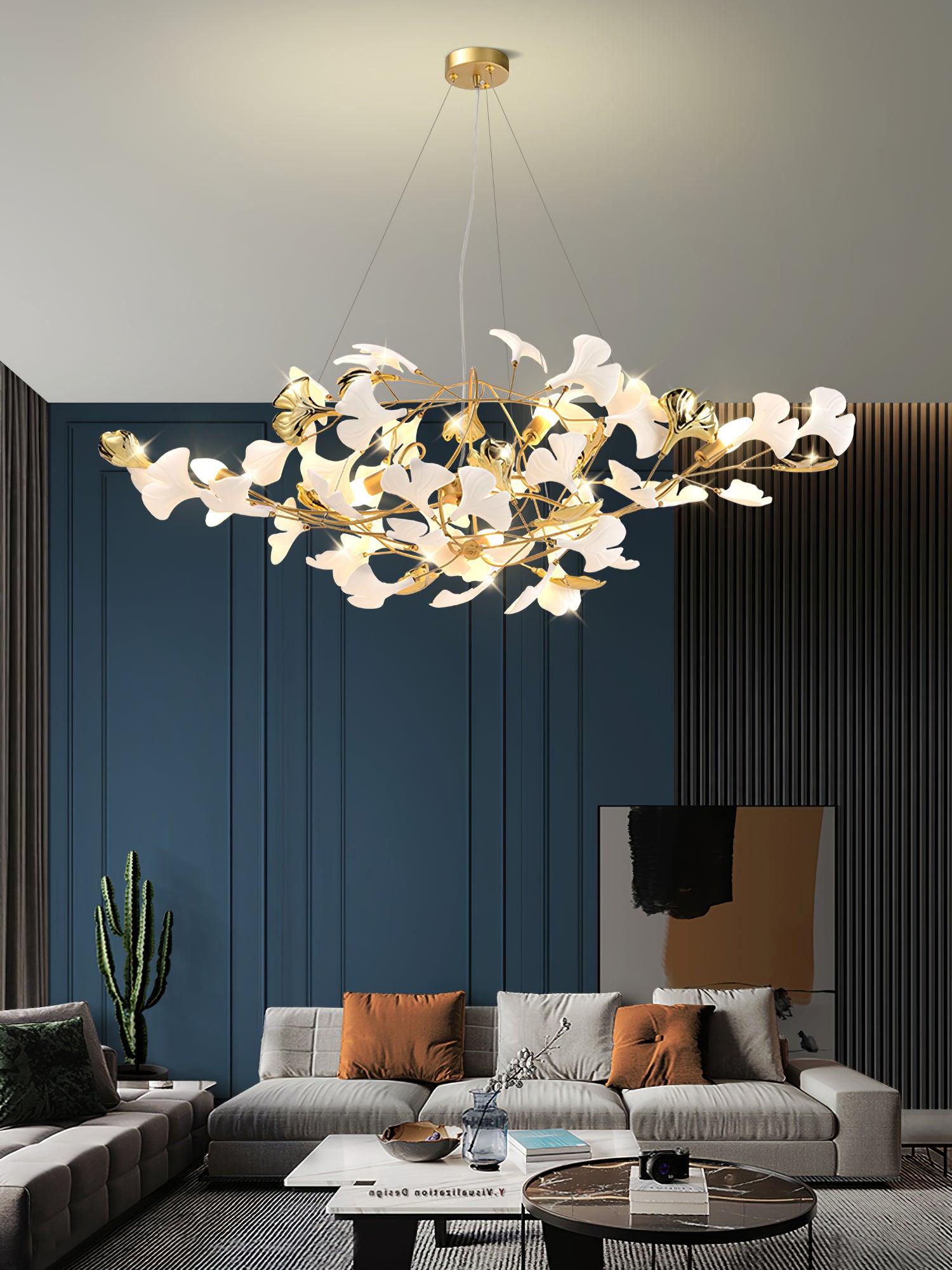 Olivia Ceramic Gingko Chandelier Gold& Black Leaf Smile-Style - Letslighting