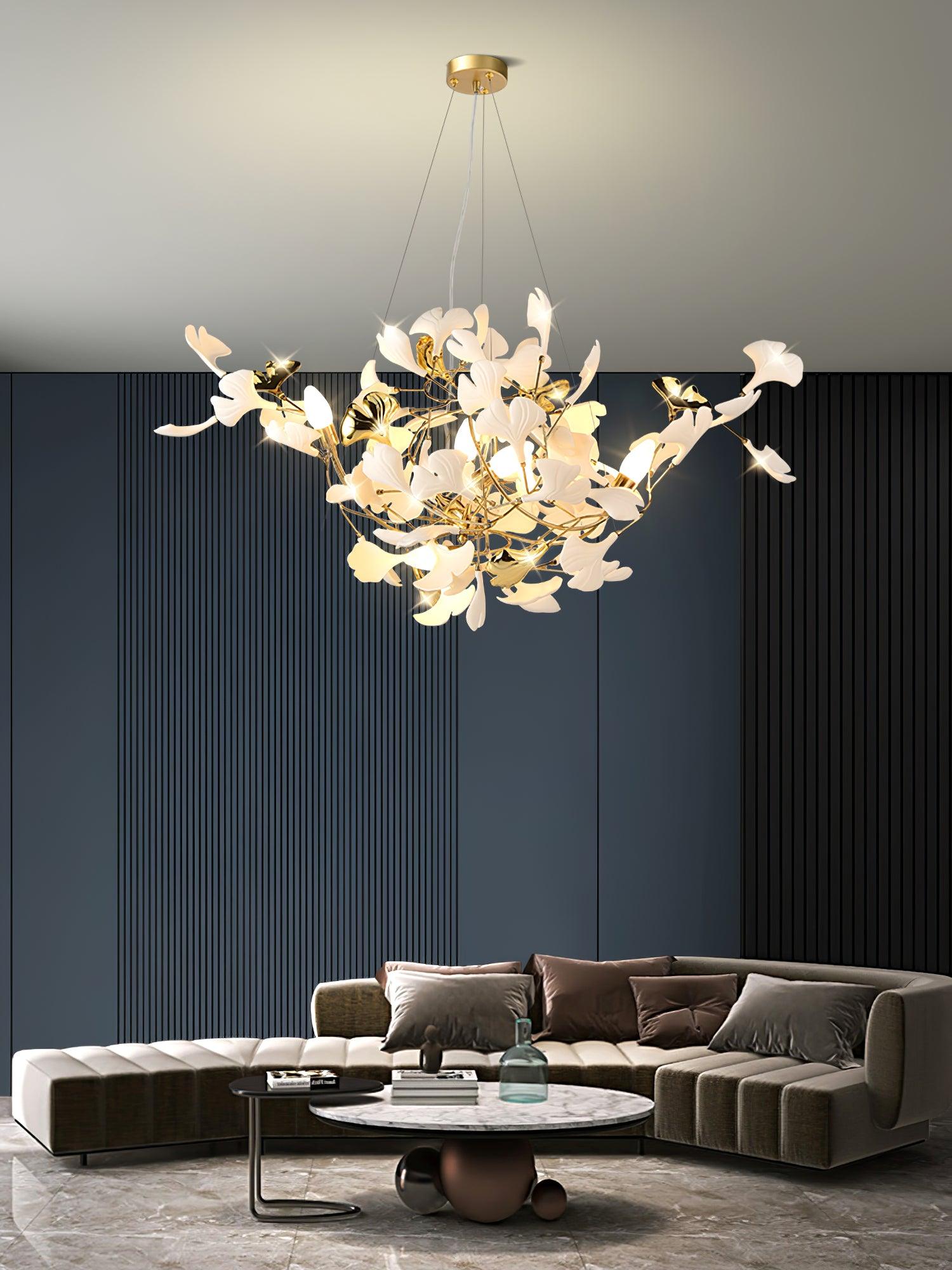 Olivia Ceramic Gingko Chandelier Gold& Black Leaf Smile-Style - Letslighting