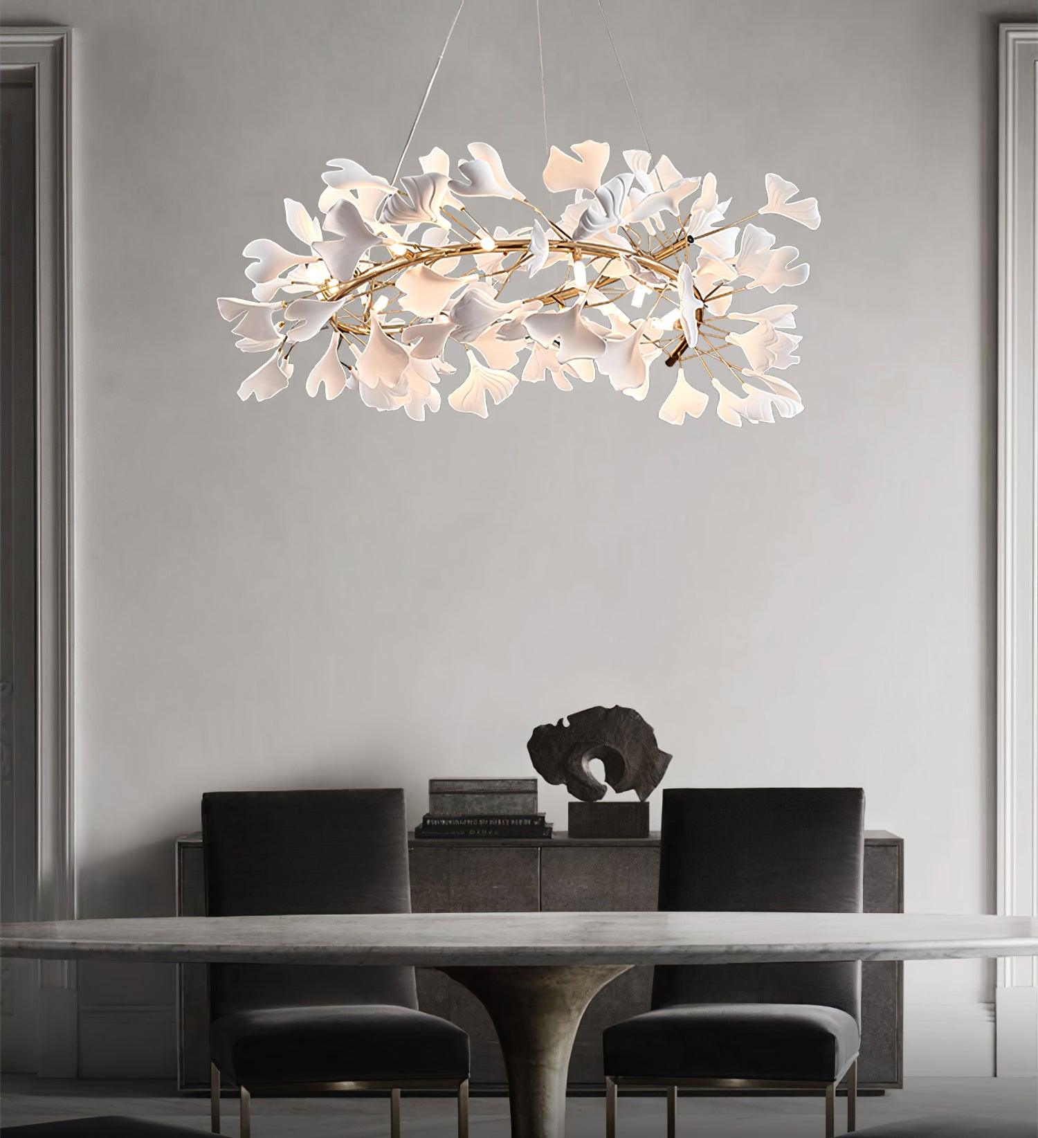 Chandelier White Ceramic Ginkgo Petals Gold Branches Art - Letslighting