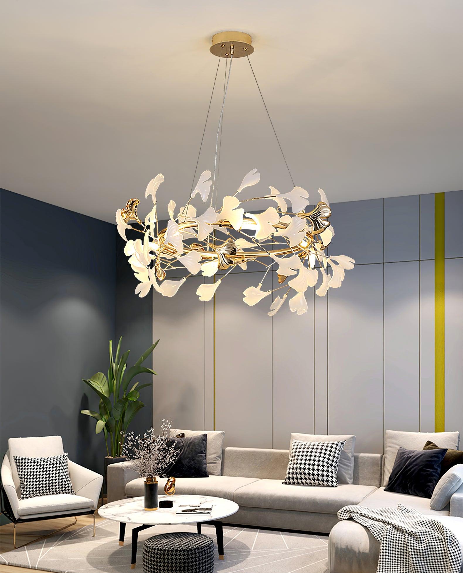 Chandelier White Ceramic Ginkgo Petals Gold Branches Art - Letslighting