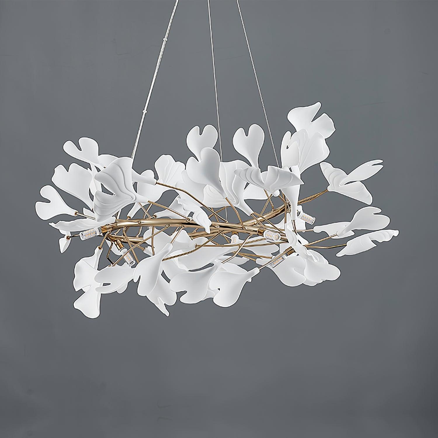 Chandelier White Ceramic Ginkgo Petals Gold Branches Art - Letslighting