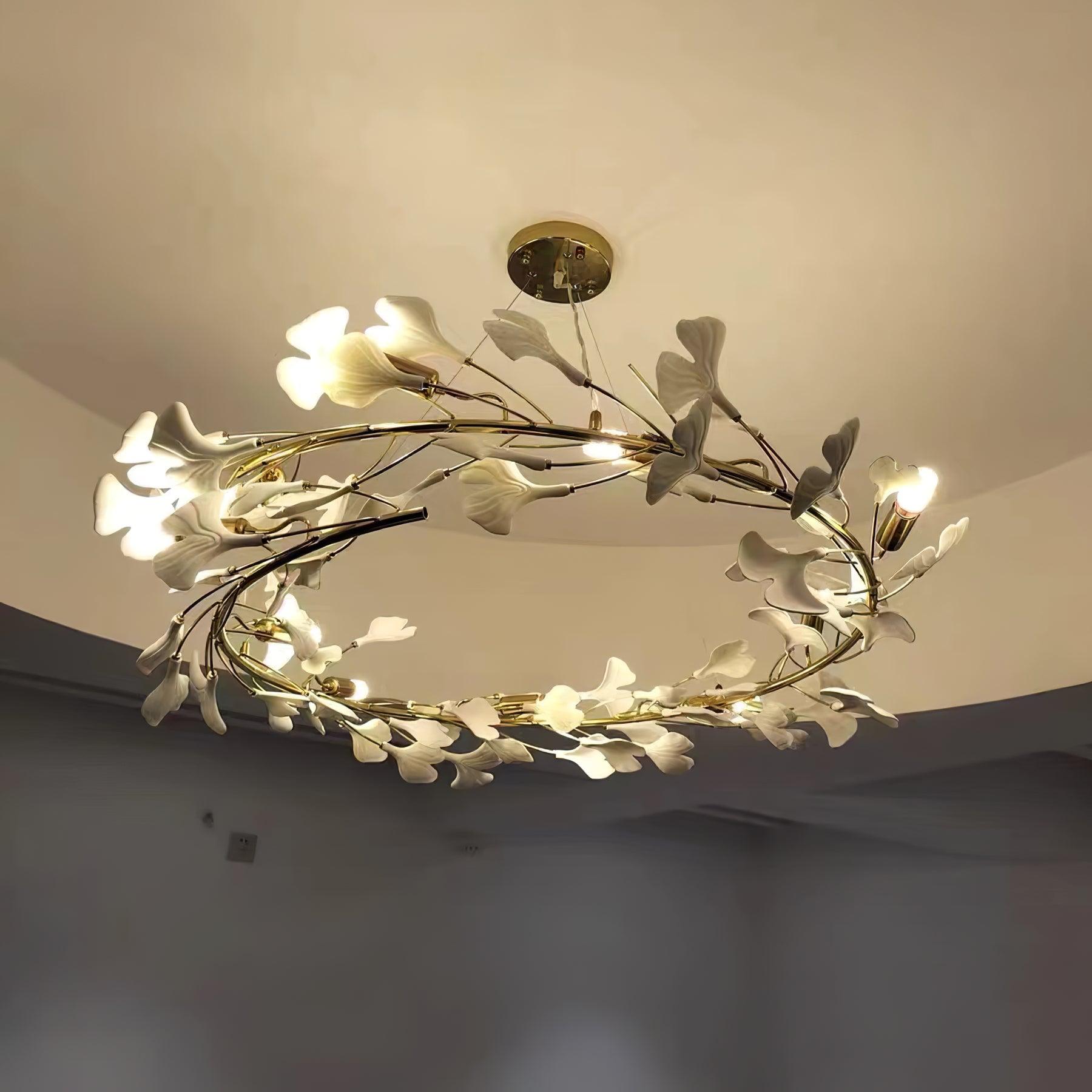 Chandelier White Ceramic Ginkgo Petals Gold Branches Art - Letslighting