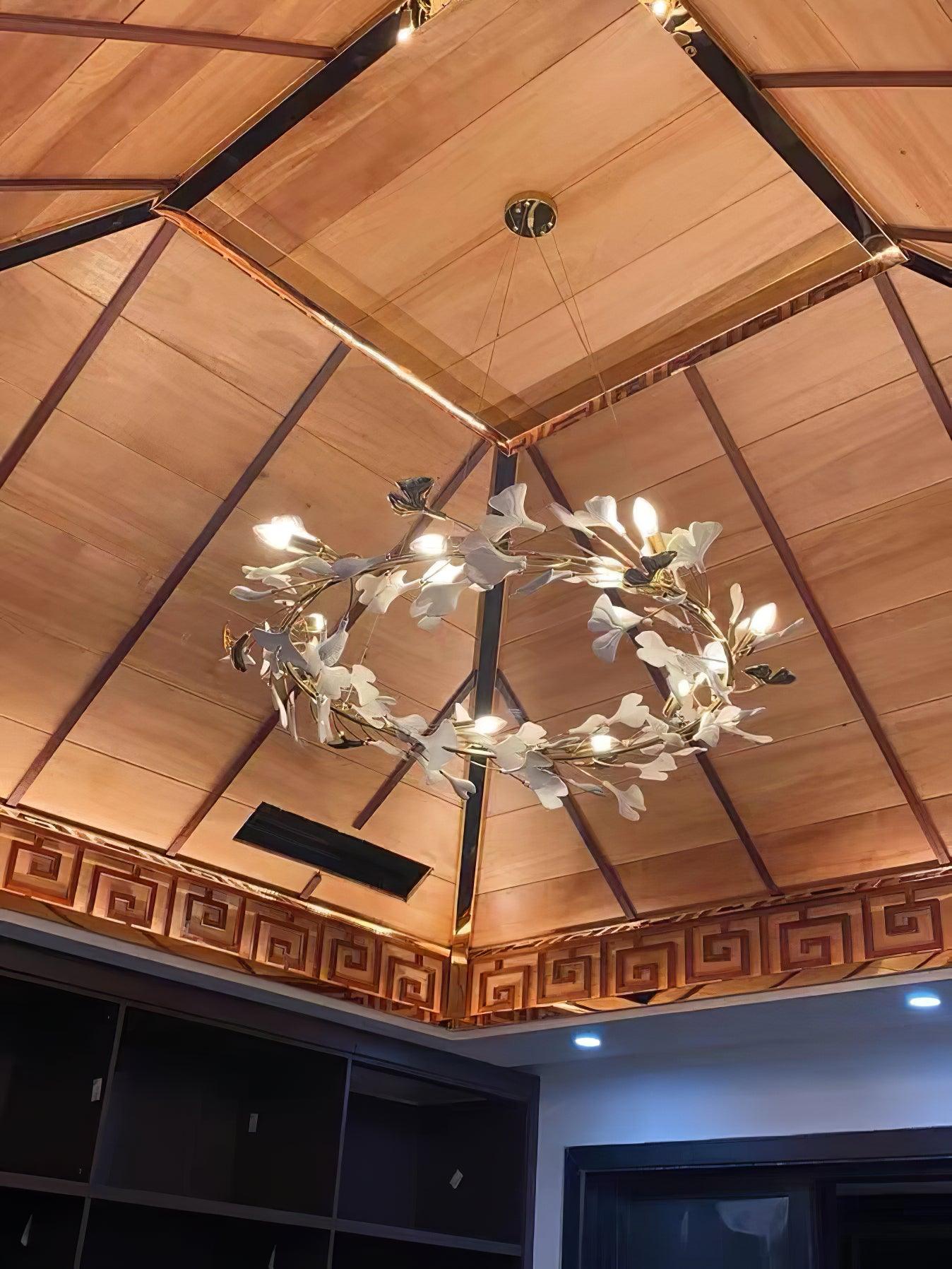Chandelier White Ceramic Ginkgo Petals Gold Branches Art - Letslighting