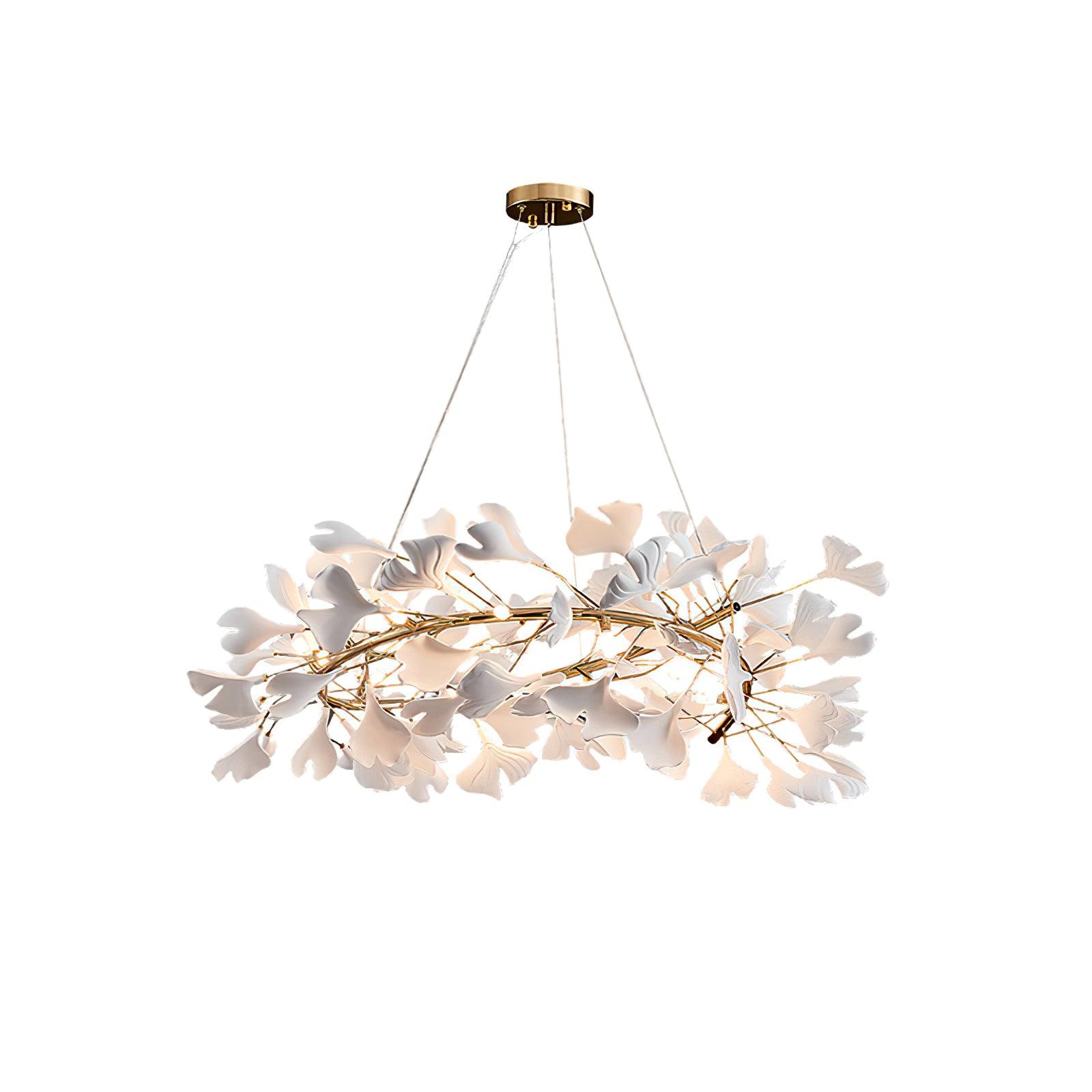 Chandelier White Ceramic Ginkgo Petals Gold Branches Art - Letslighting