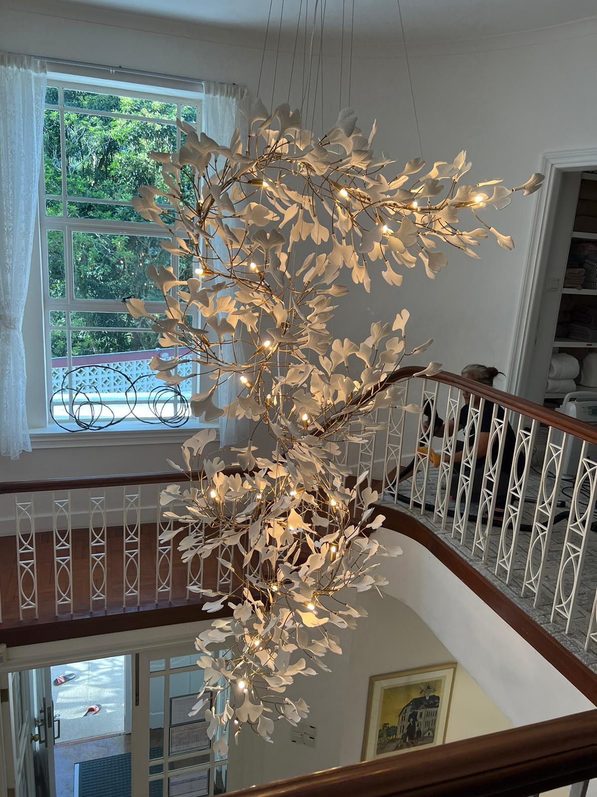 Olivia Ceramic Gingko Cluster Chandelier Brass Floral - Letslighting
