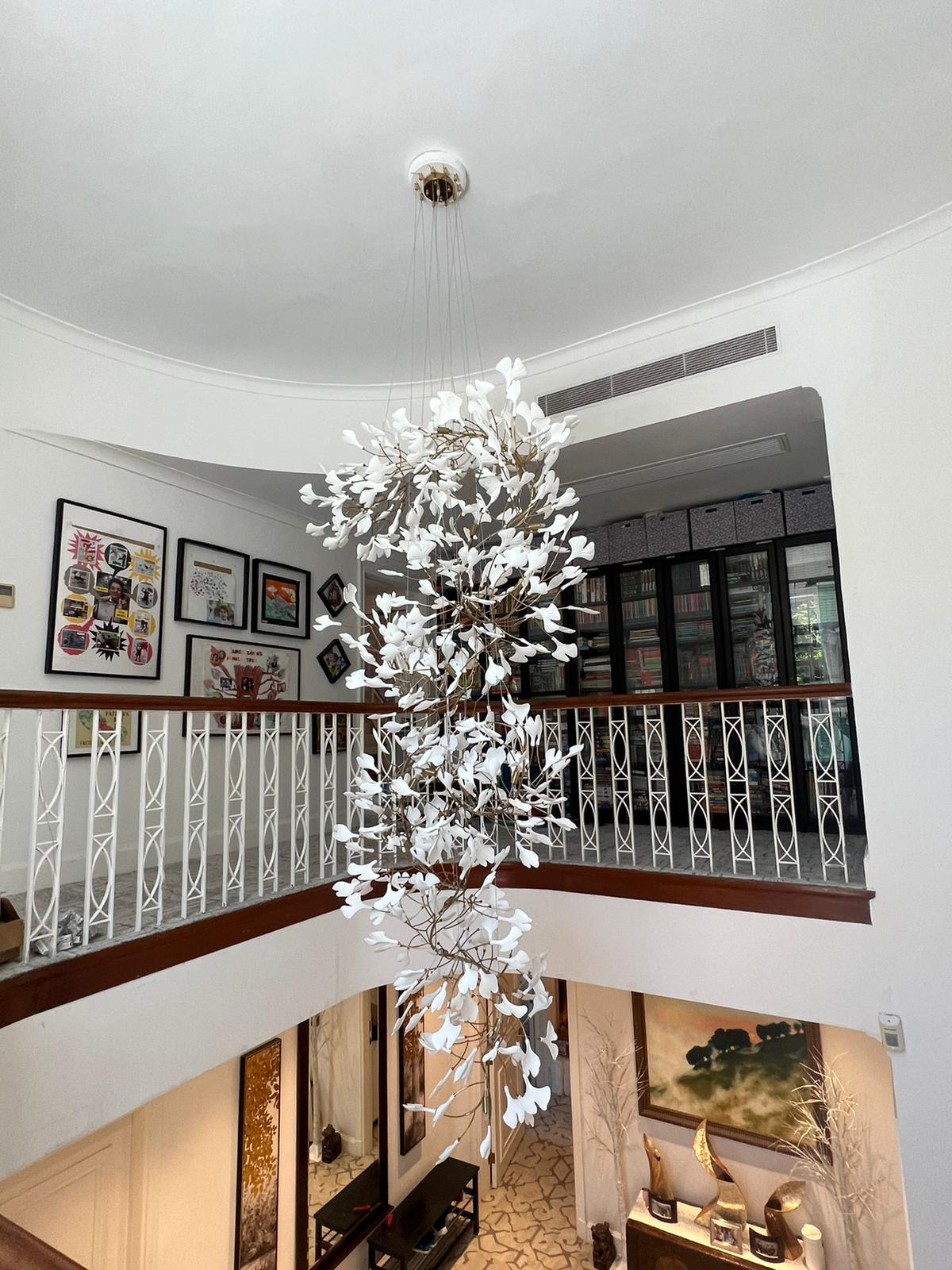 Olivia Ceramic Gingko Cluster Chandelier Brass Floral - Letslighting