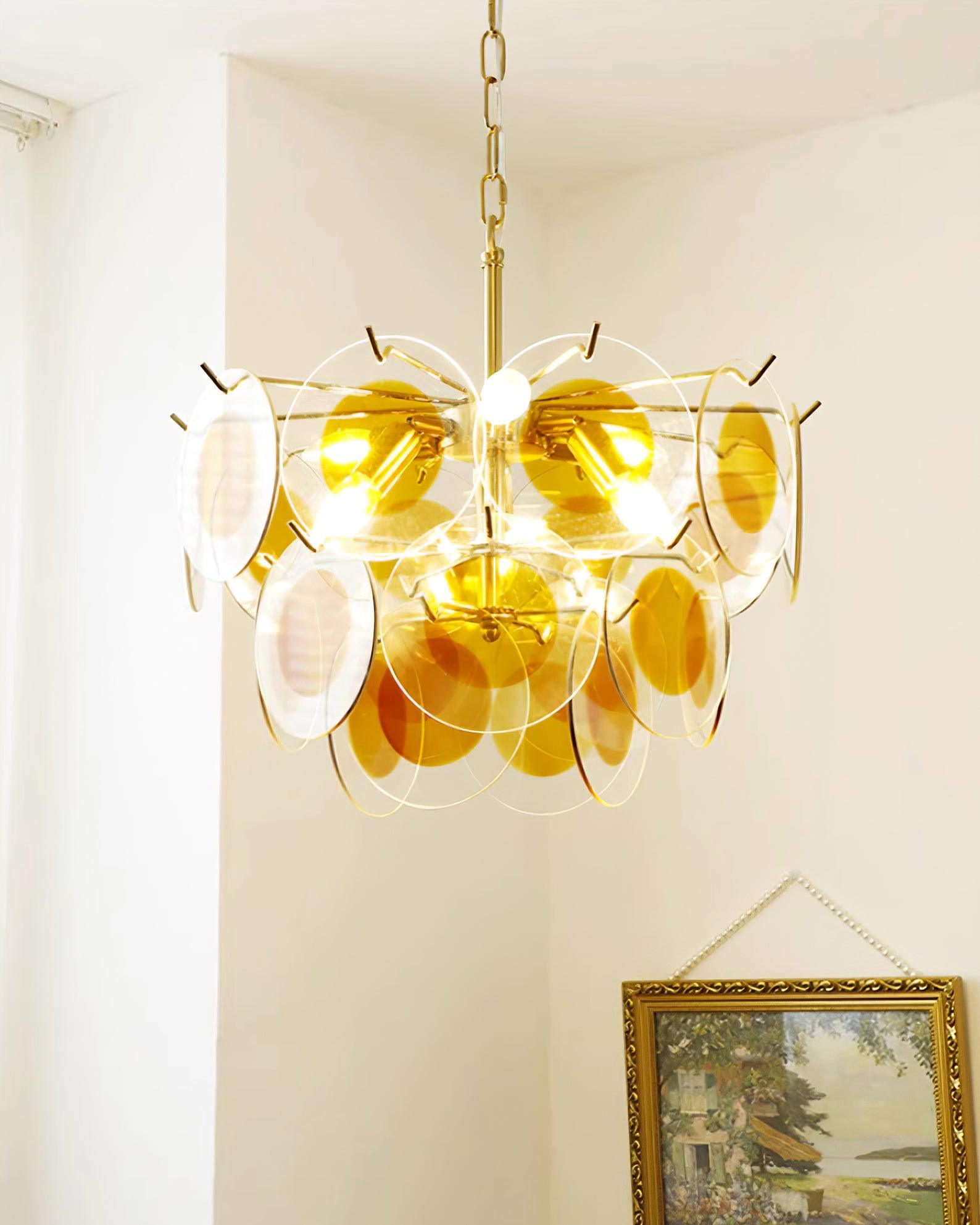 Glass Chandelier Caramel Discs Brass Frame Sculptural - Letslighting