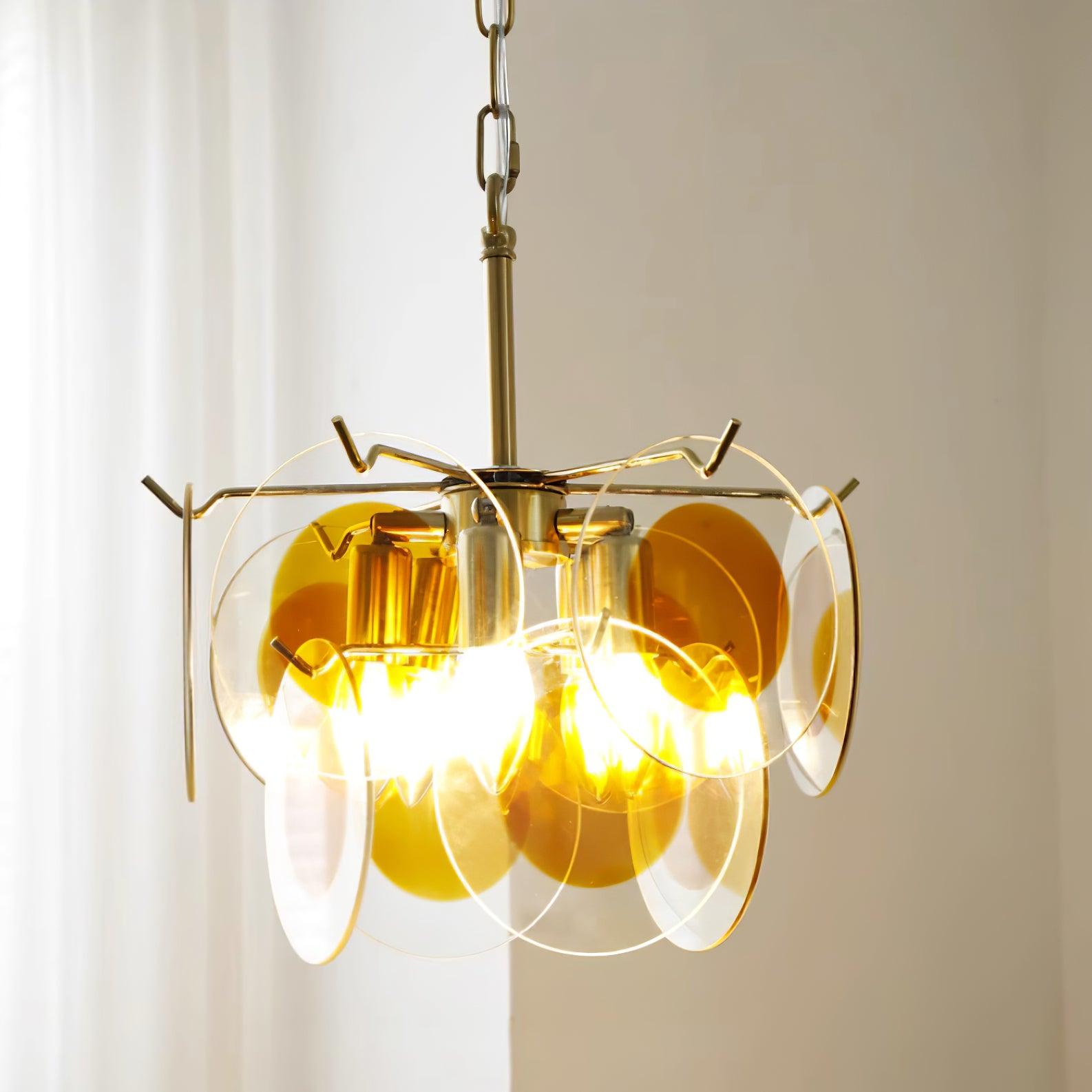 Glass Chandelier Caramel Discs Brass Frame Sculptural - Letslighting