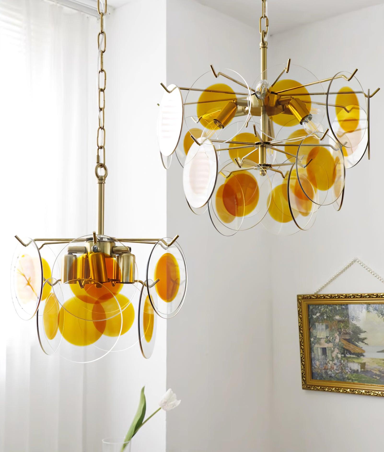 Glass Chandelier Caramel Discs Brass Frame Sculptural - Letslighting