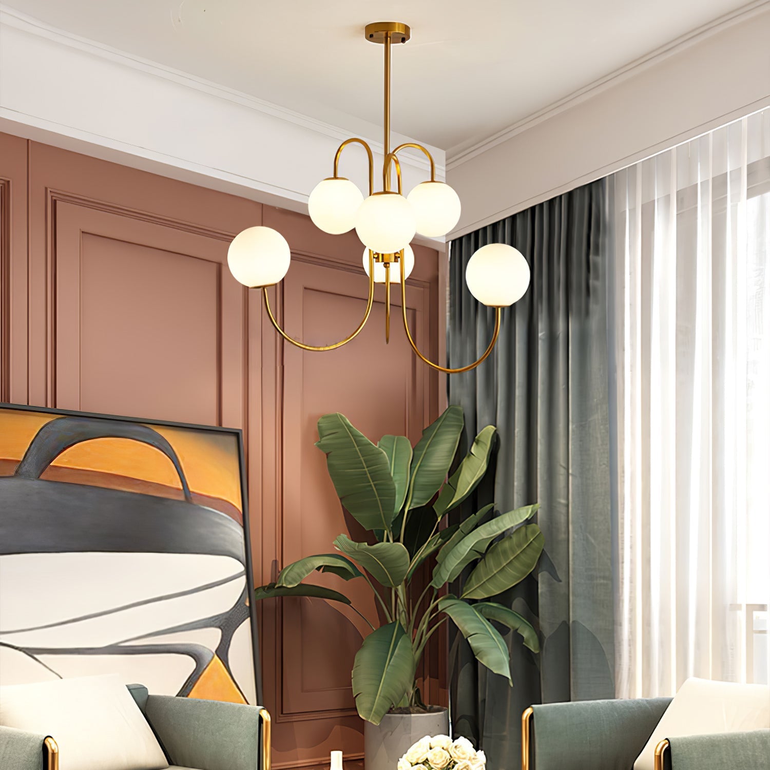 Lustra Chandelier Brass Globe Cluster Curved Arm - Letslighting