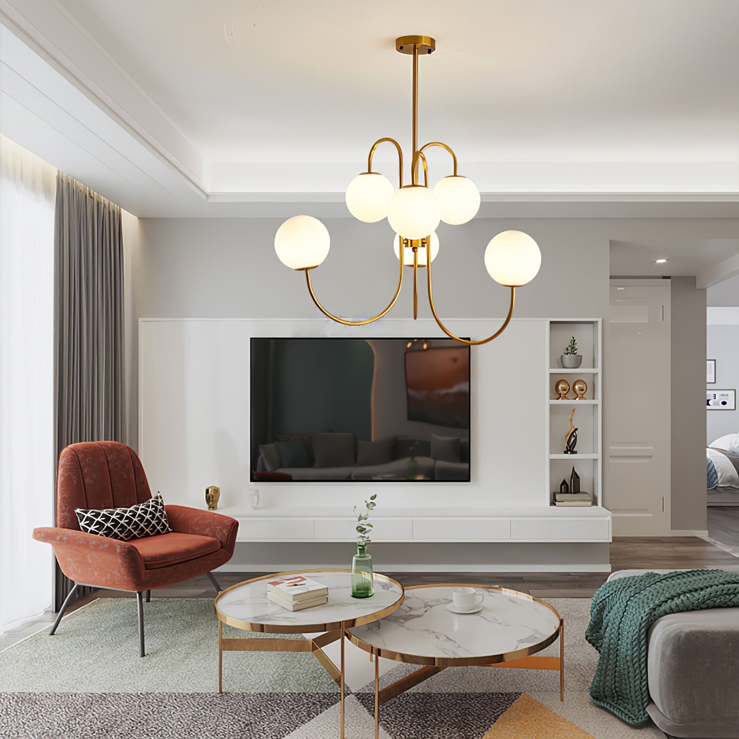 Lustra Chandelier Brass Globe Cluster Curved Arm - Letslighting