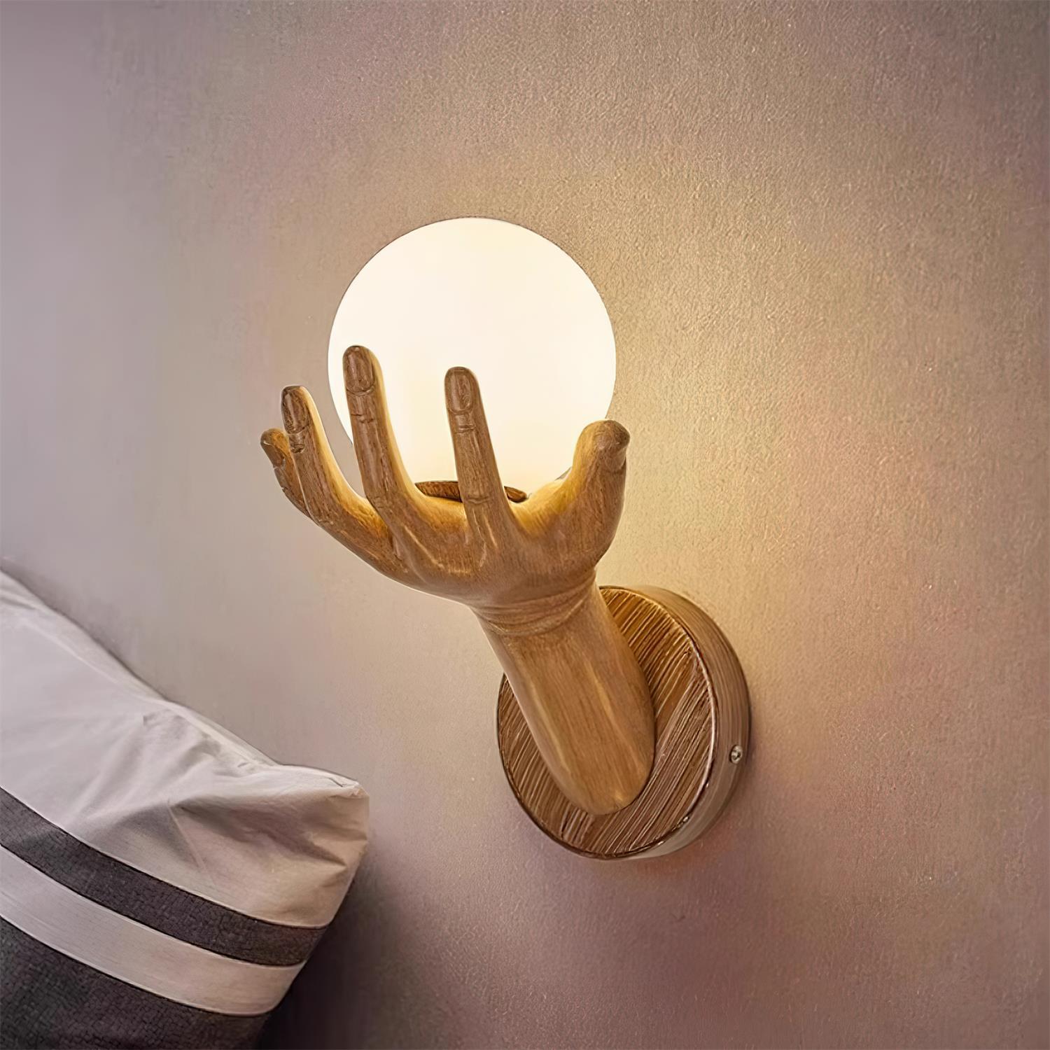 Wall Lamp Polymer Body Hand Shape Globe Shade Wood Grain - Letslighting