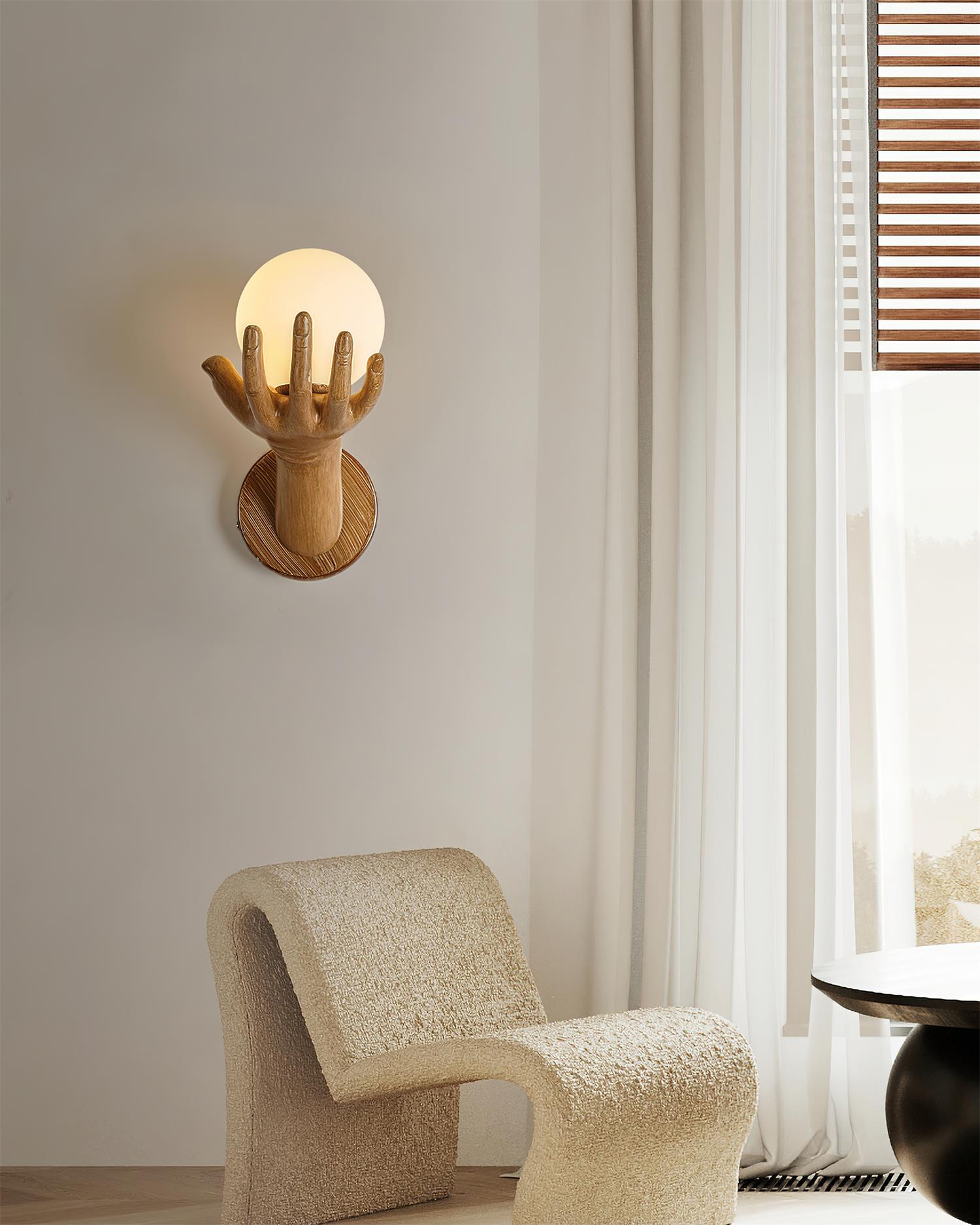 Wall Lamp Polymer Body Hand Shape Globe Shade Wood Grain - Letslighting