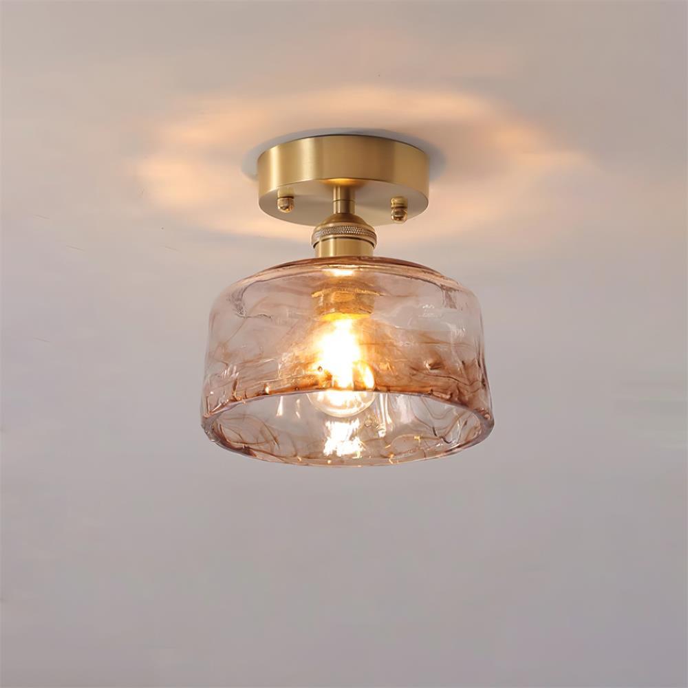 Ceiling Light Amber Swirl Glass Shade Brass Vintage Industrial - Letslighting