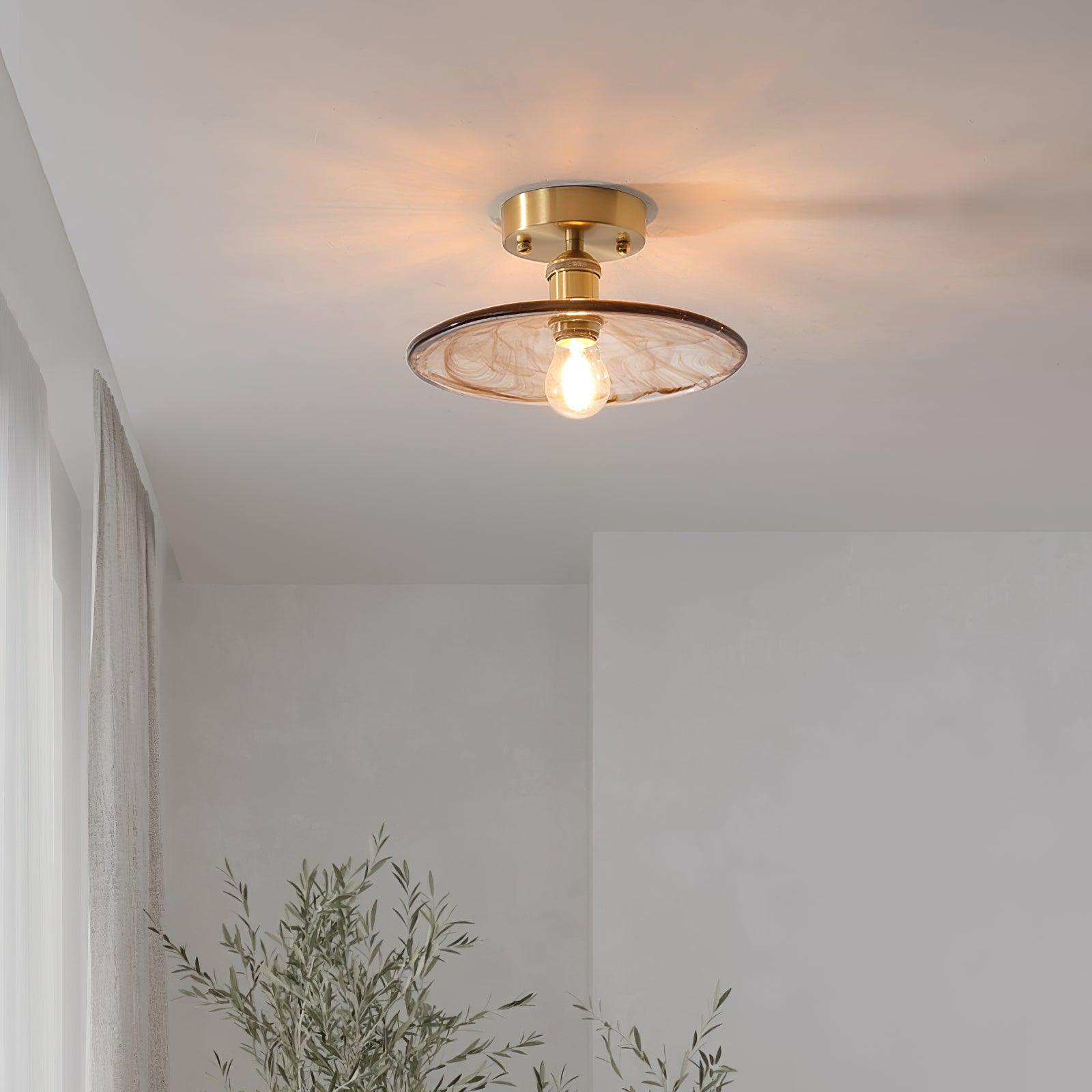 Ceiling Light Amber Swirl Glass Shade Brass Vintage Industrial - Letslighting