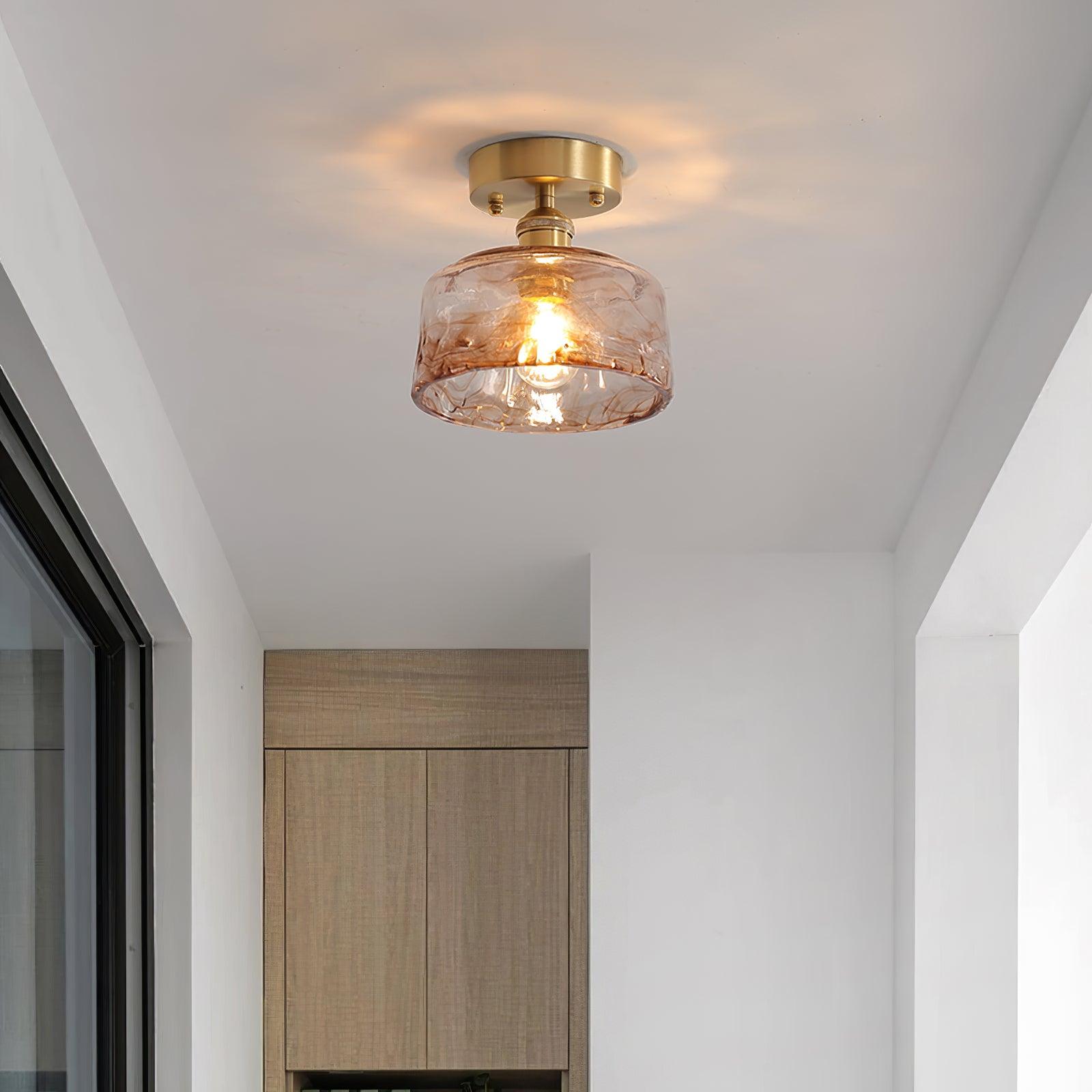 Ceiling Light Amber Swirl Glass Shade Brass Vintage Industrial - Letslighting