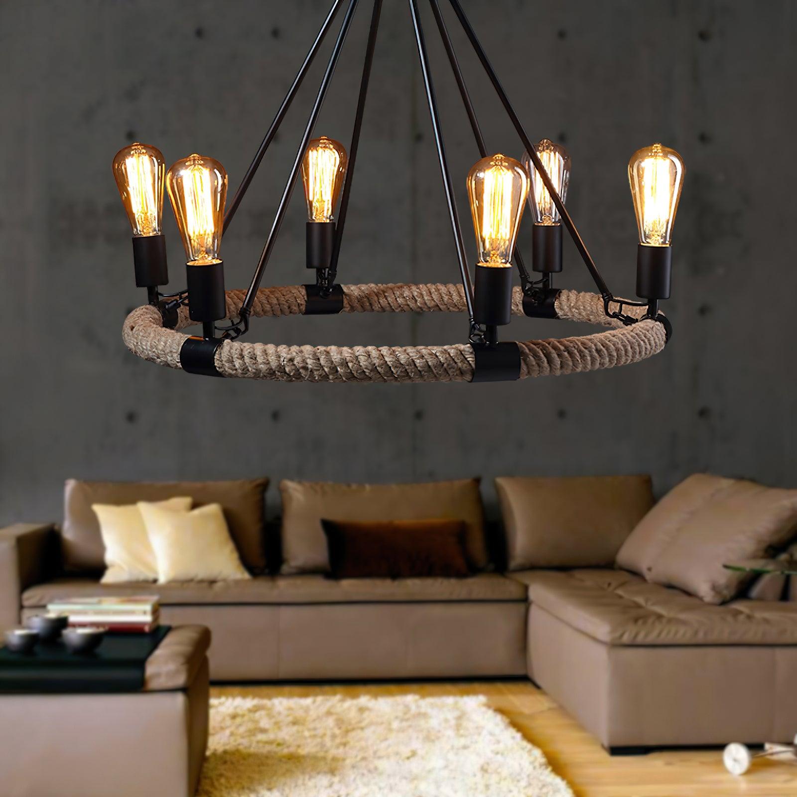 Lustra Chandelier Hemp Rope Industrial Round - Letslighting