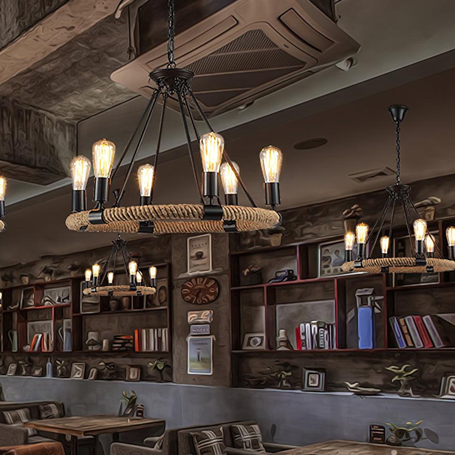 Lustra Chandelier Hemp Rope Industrial Round - Letslighting