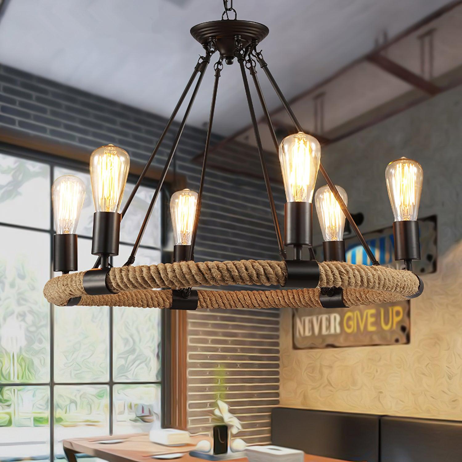 Lustra Chandelier Hemp Rope Industrial Round - Letslighting